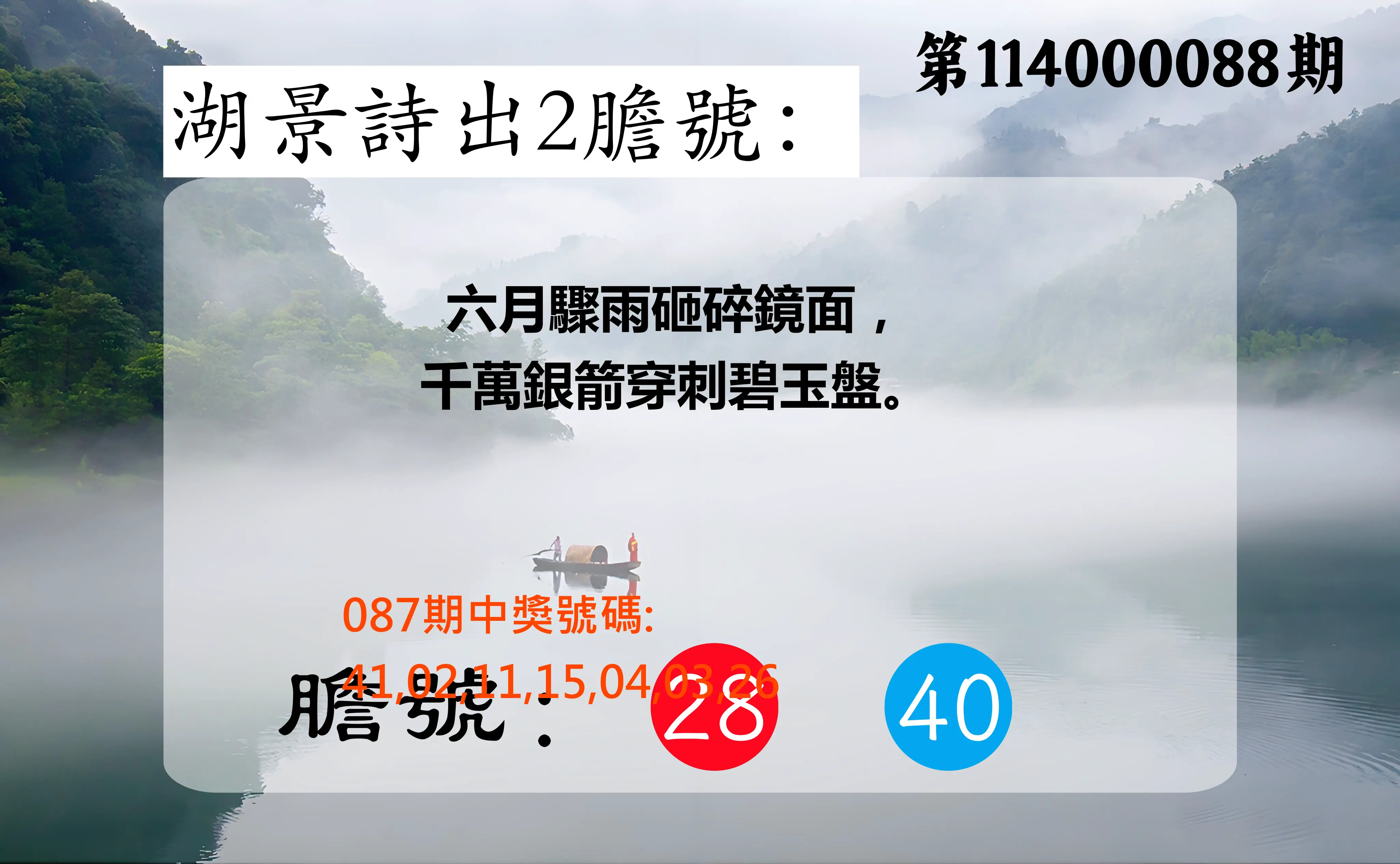 大樂透第114000088期(09/16)湖景詩出2膽號