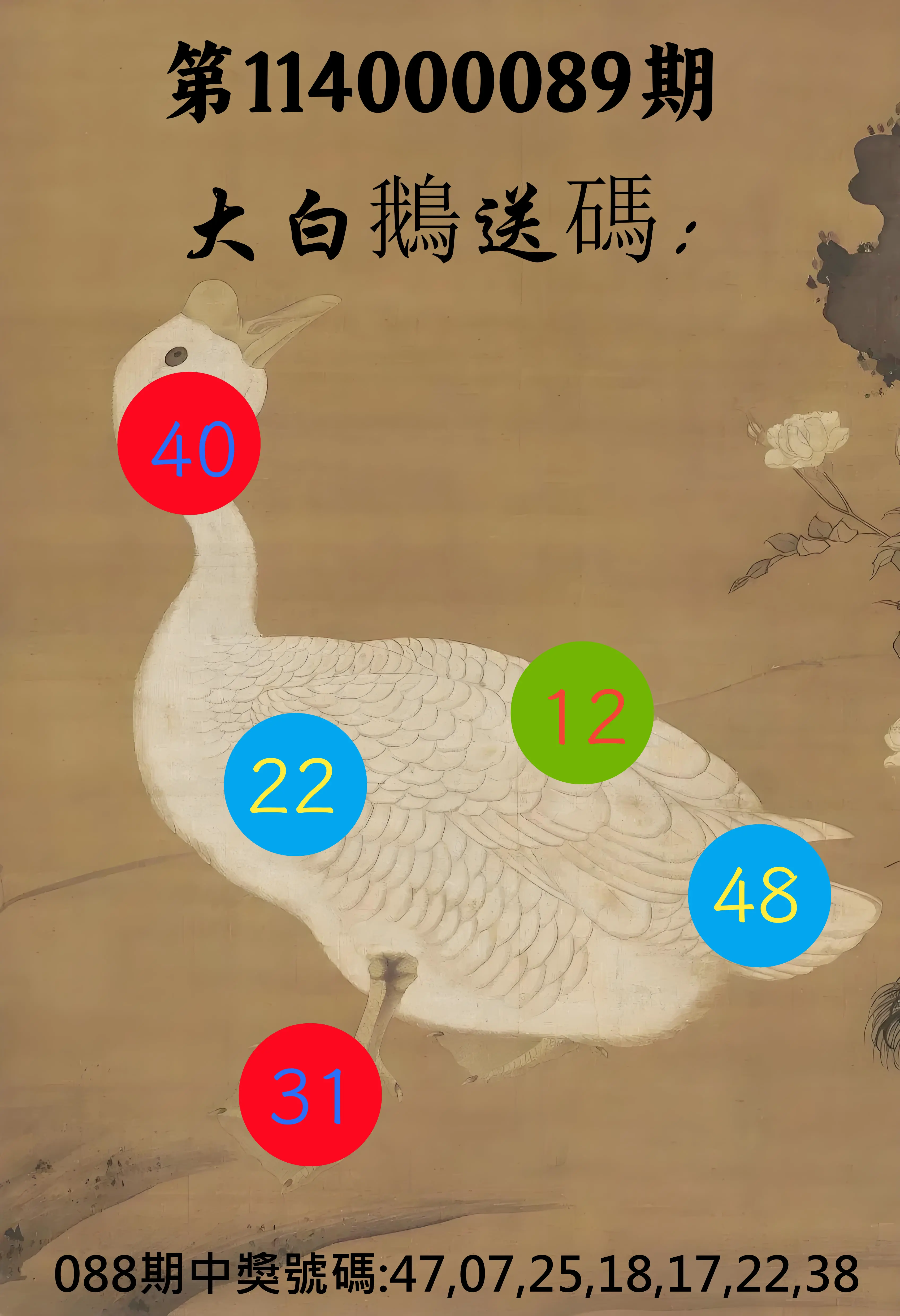 大樂透第114000089期(09/19)大白鵝送碼
