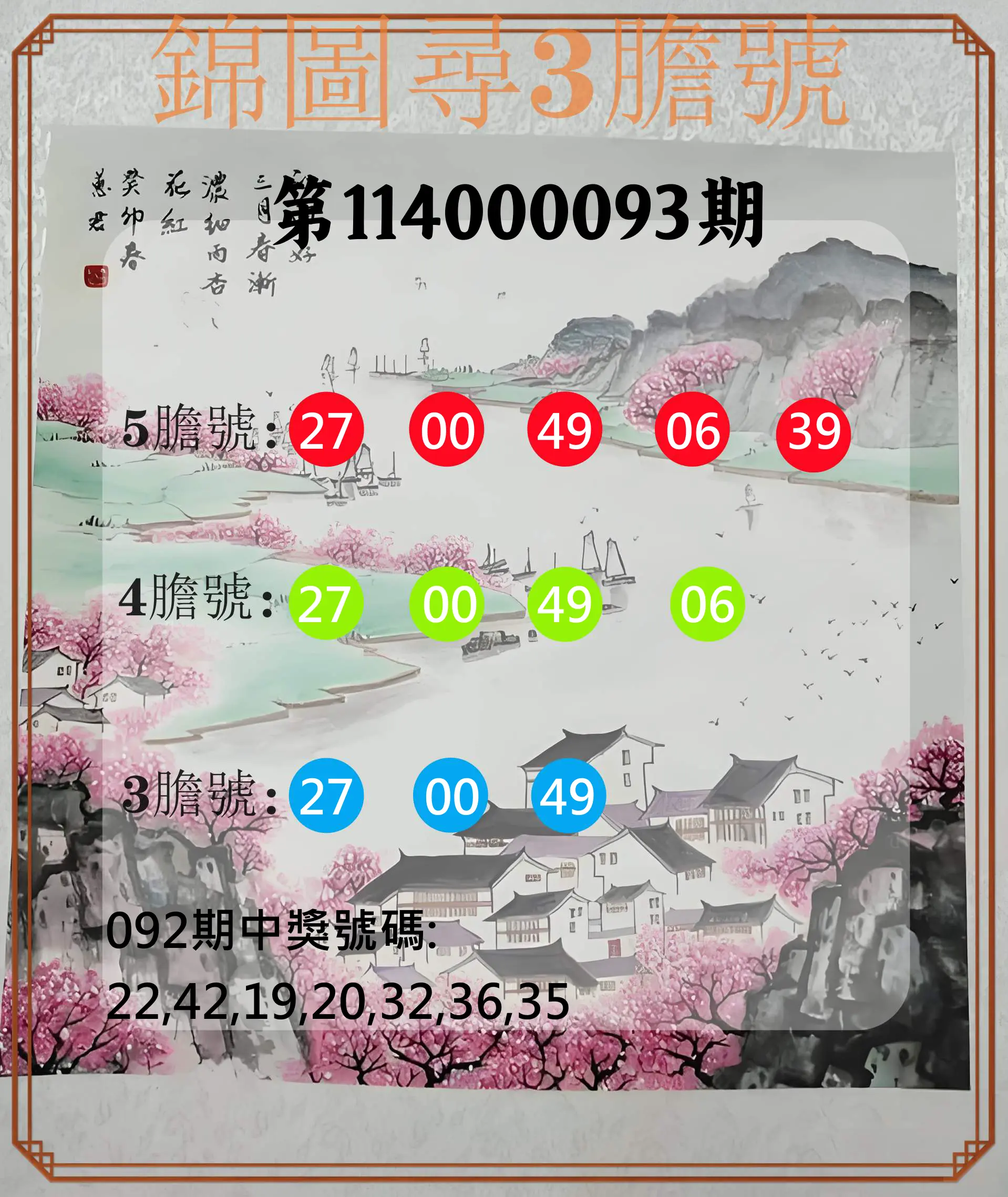 大樂透第114000093期(10/03)錦圖尋3膽號