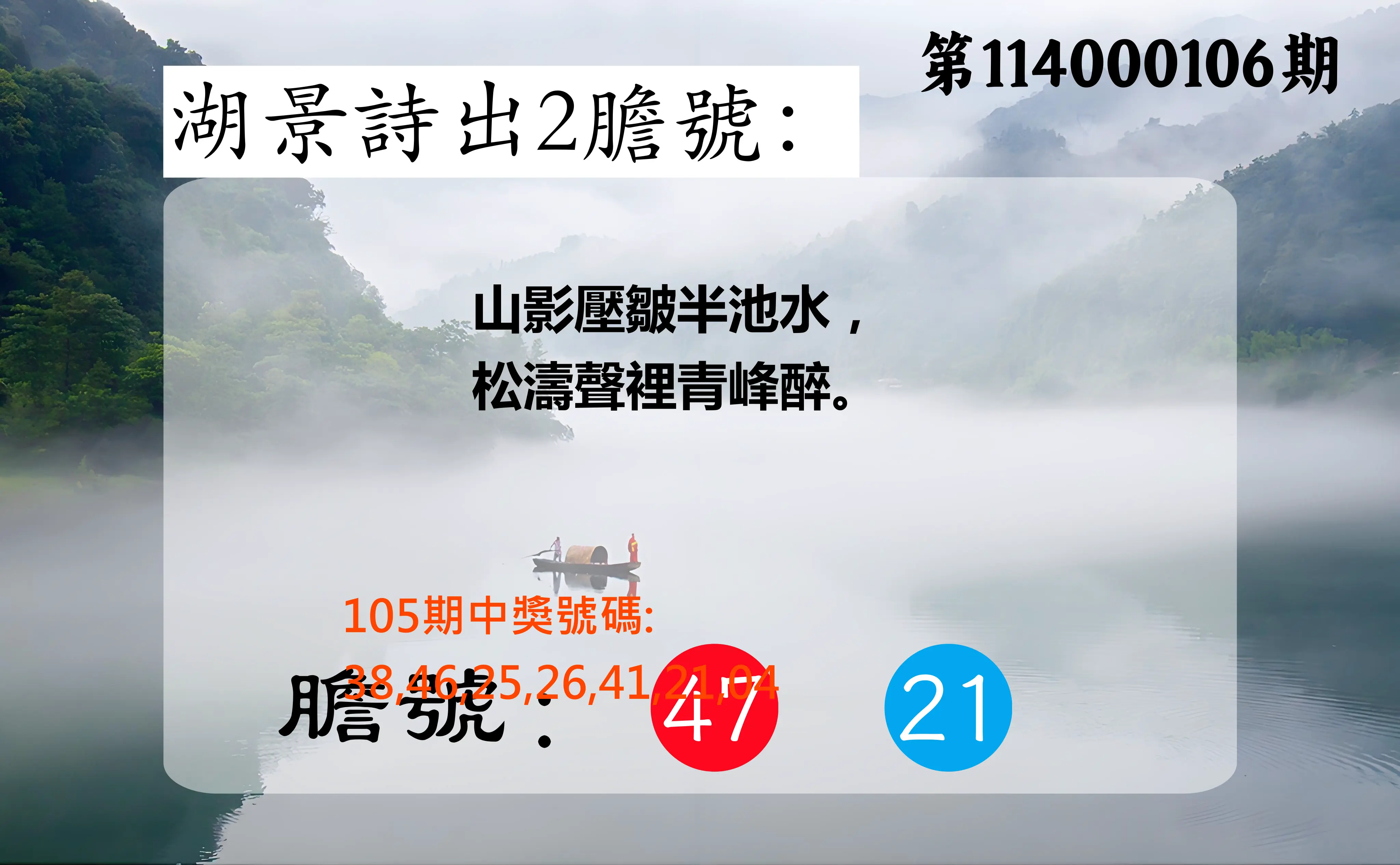 大樂透第114000106期(11/18)湖景詩出2膽號