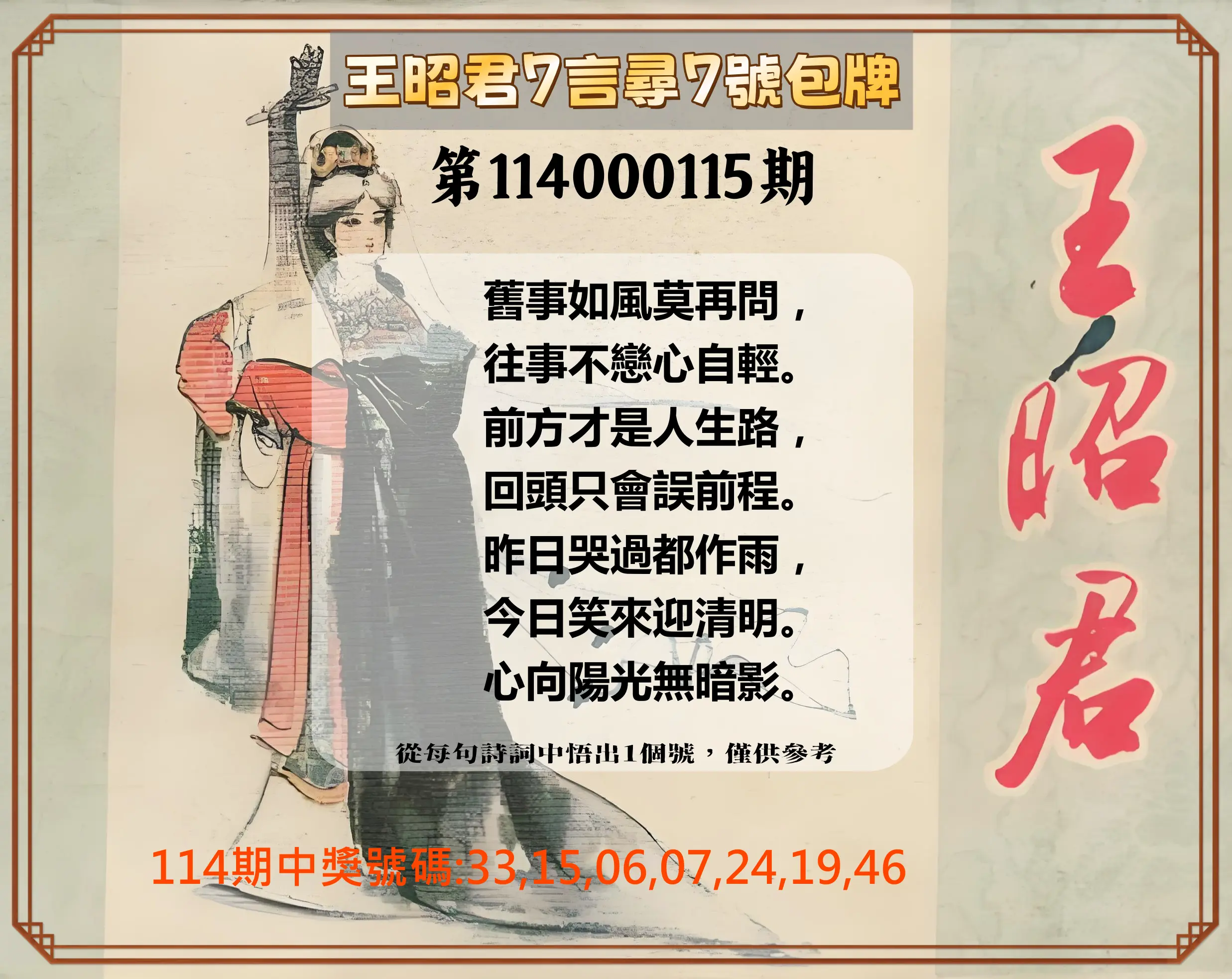 大樂透第114000115期(12/19)王昭君7言尋7號包牌