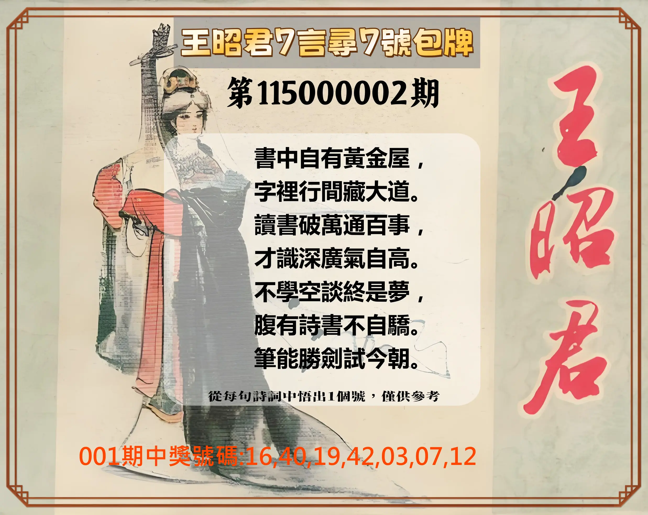 大樂透第115000002期(01/06)王昭君7言尋7號包牌