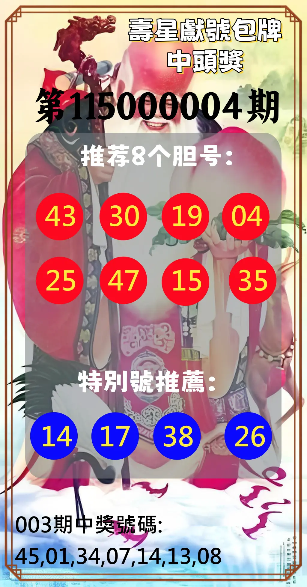 大樂透第115000004期(01/13)壽星獻號包牌中頭獎