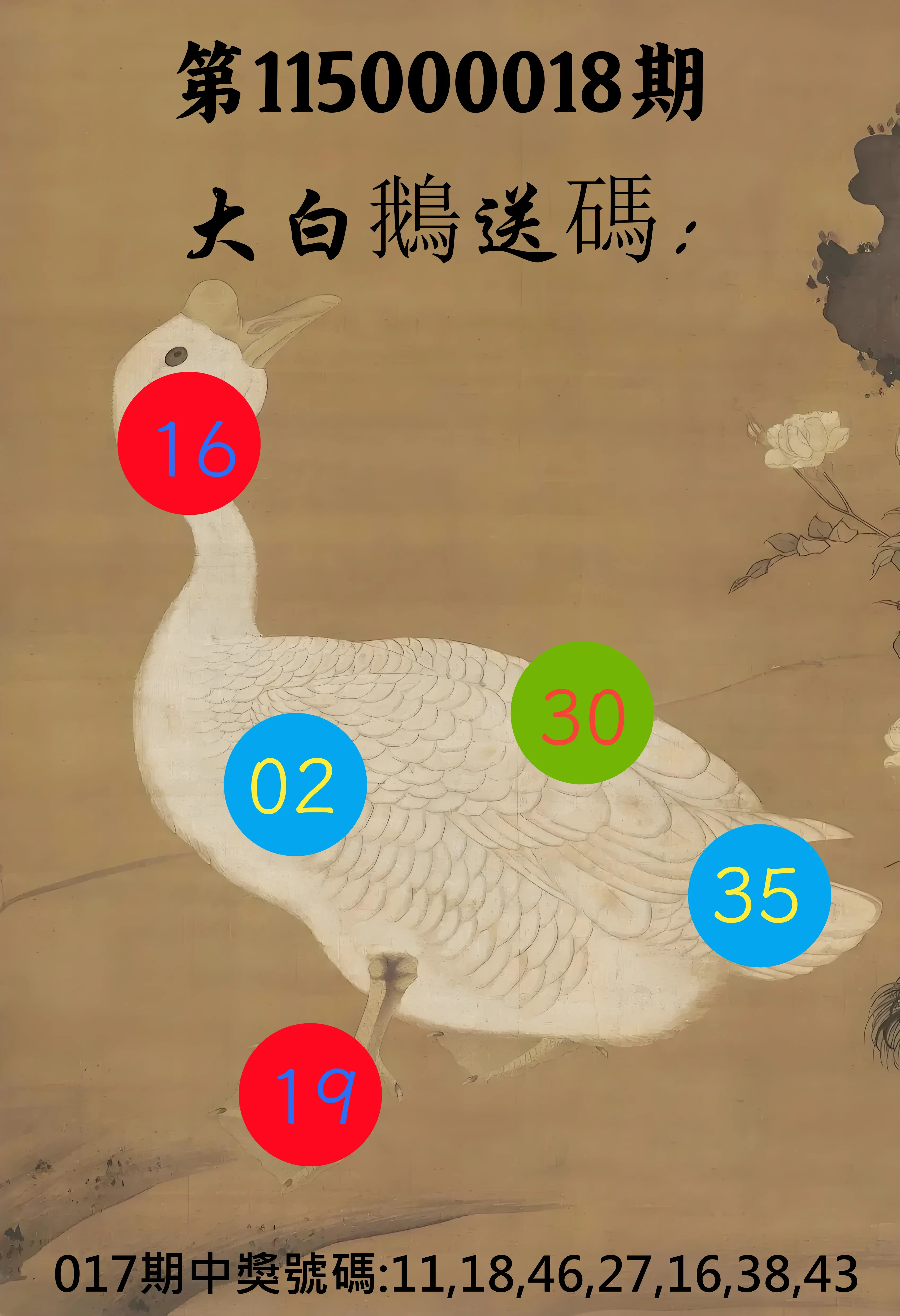 大樂透第115000018期(02/17)大白鵝送碼