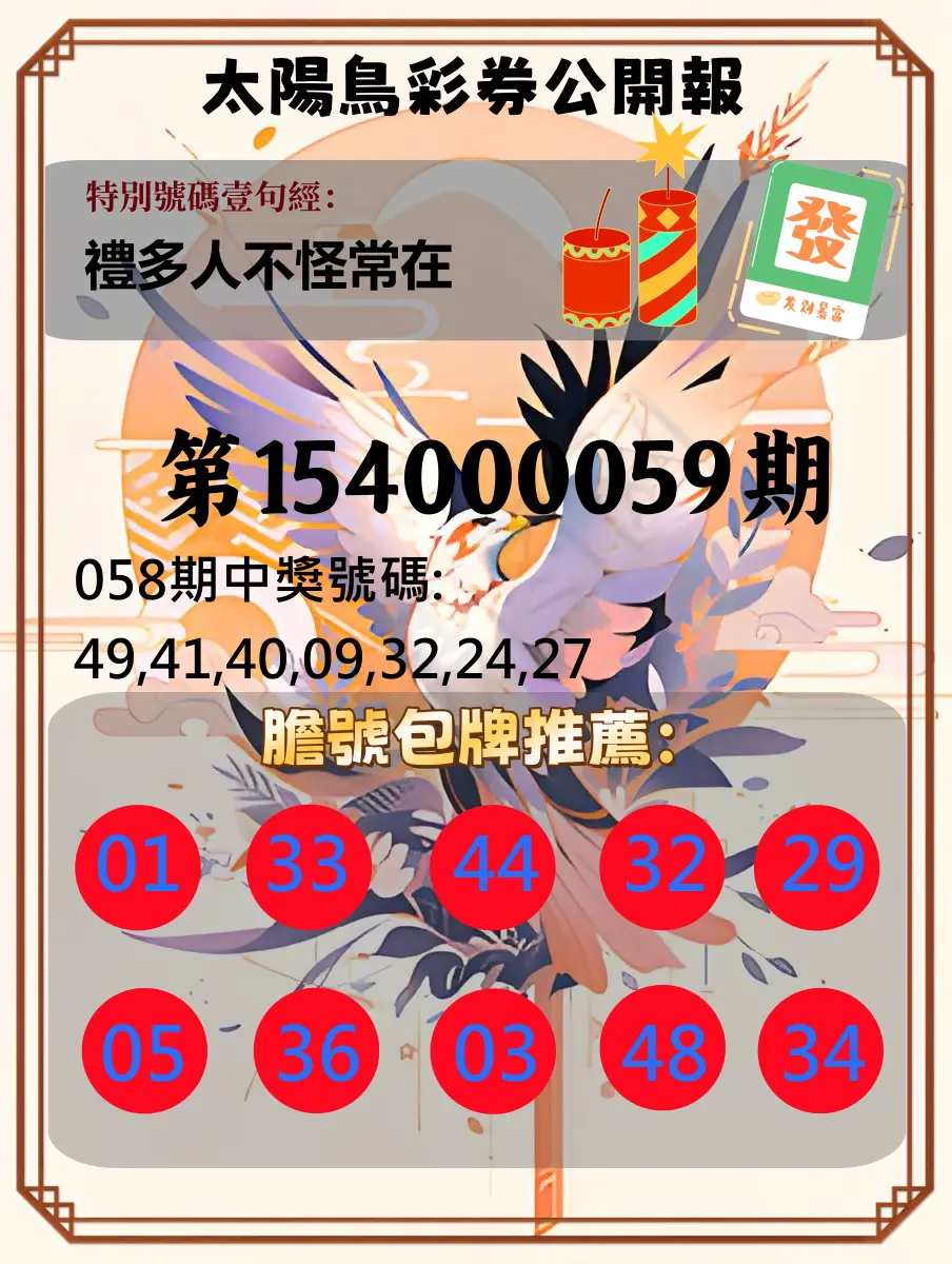 大樂透第154000059期太陽鳥彩券公開報