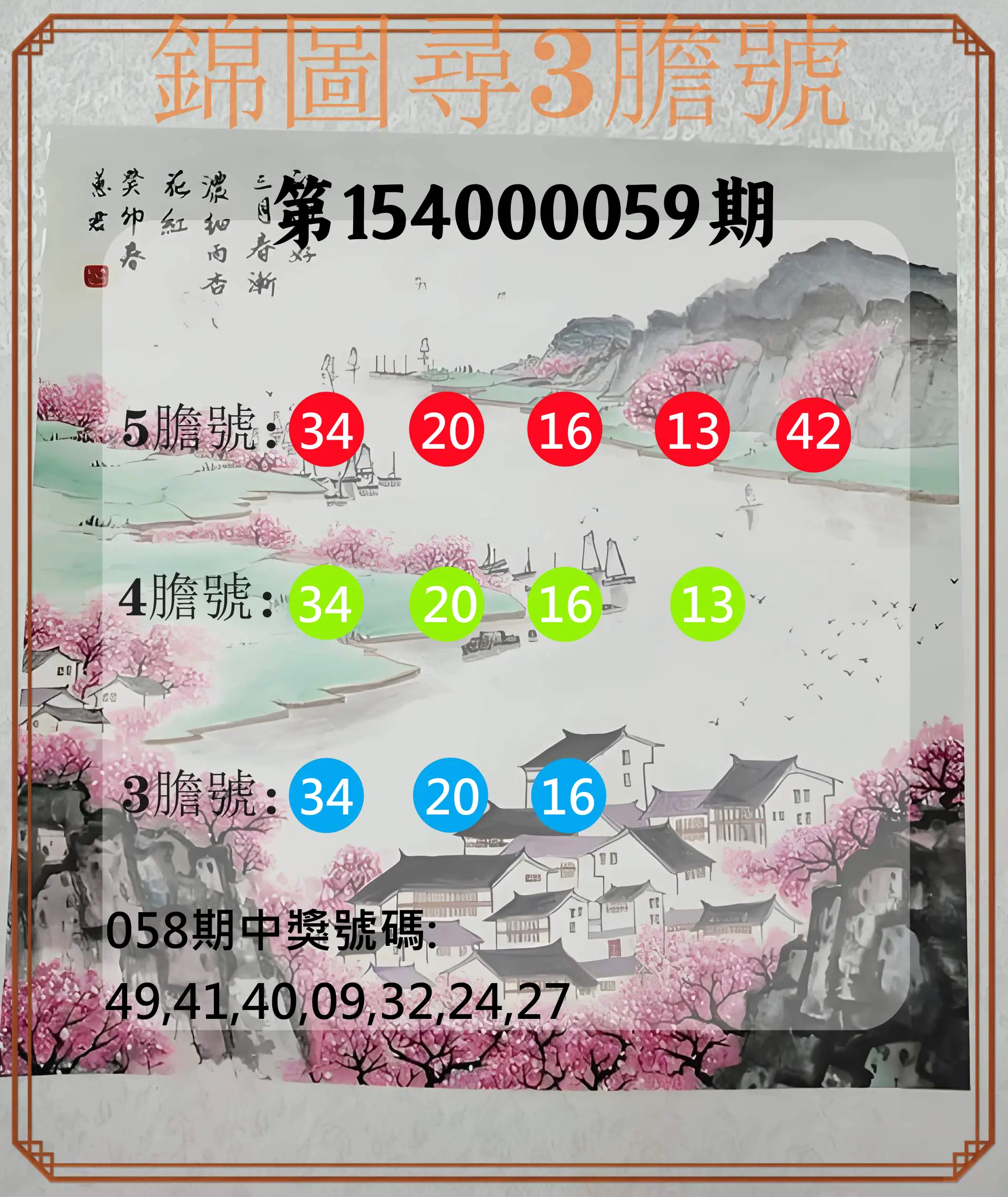 大樂透第154000059期錦圖尋3膽號