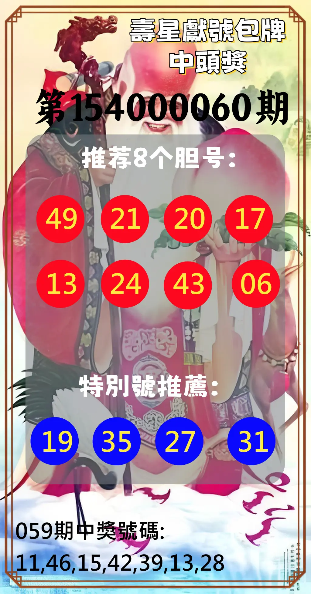 大樂透第154000060期壽星獻號包牌中頭獎