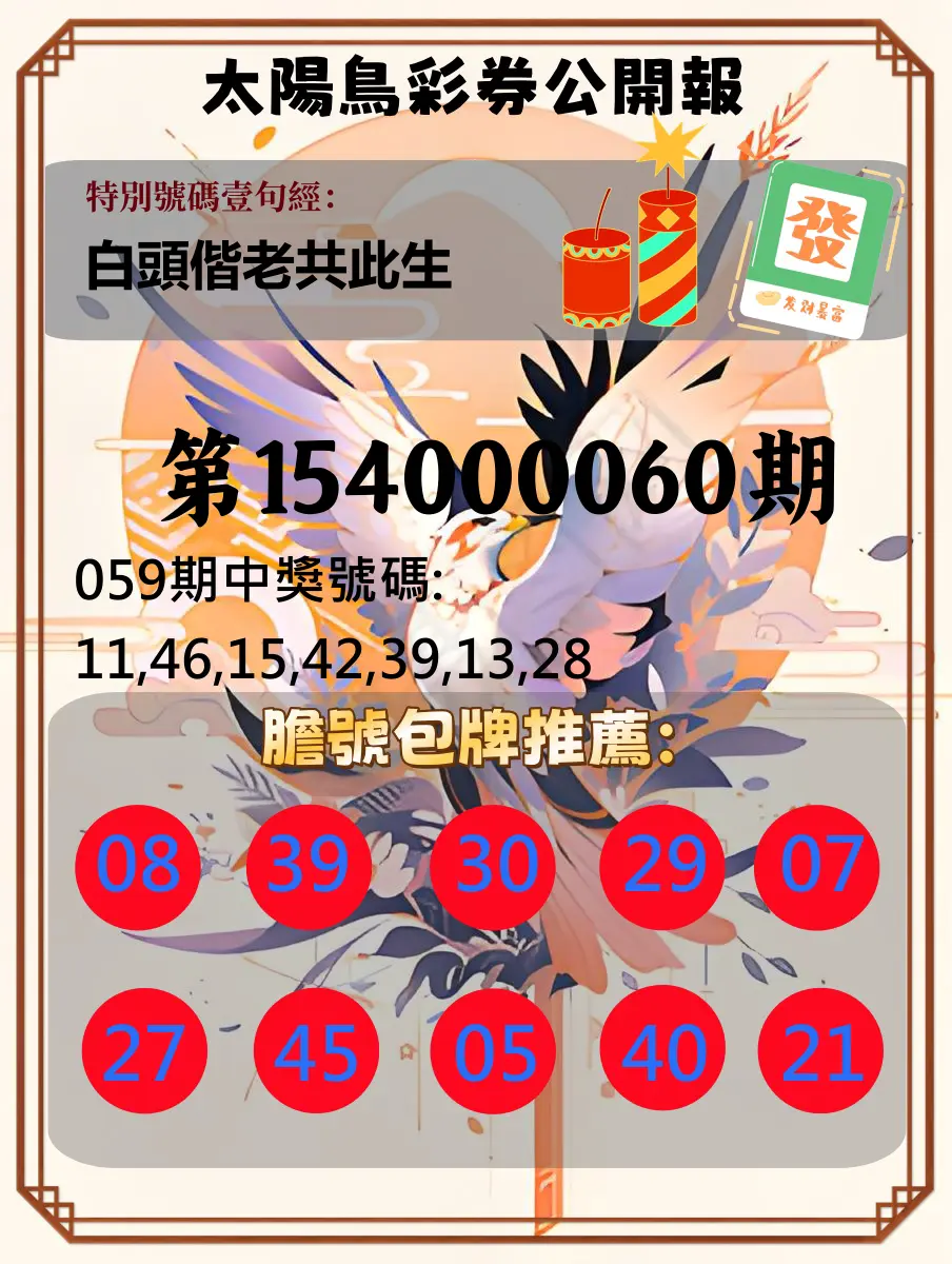 大樂透第154000060期太陽鳥彩券公開報