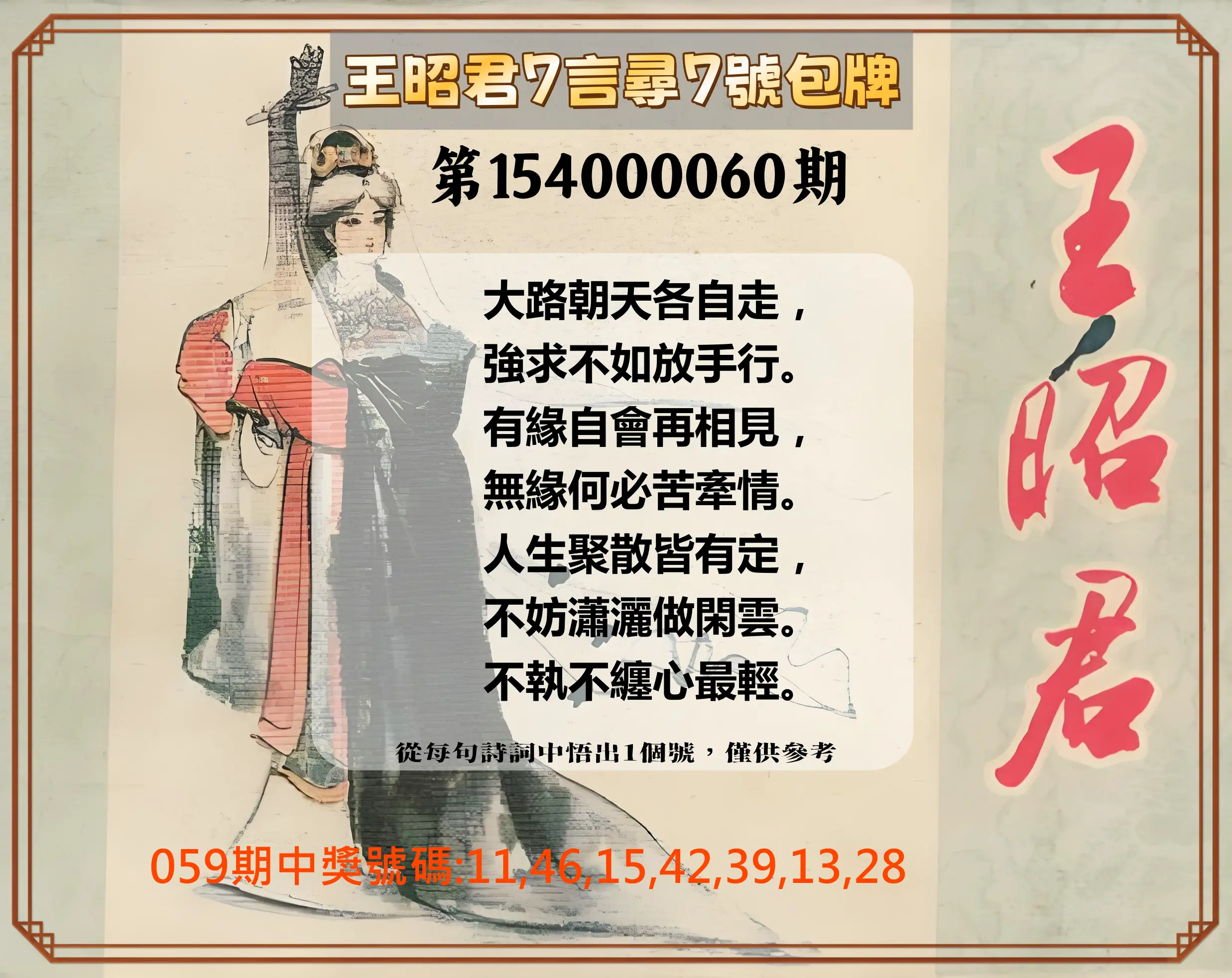 大樂透第154000060期王昭君7言尋7號包牌