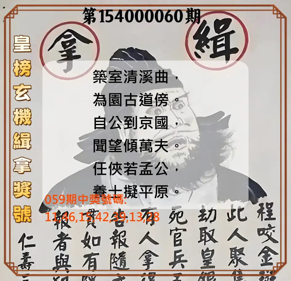 大樂透第154000060期皇榜玄機緝拿獎號
