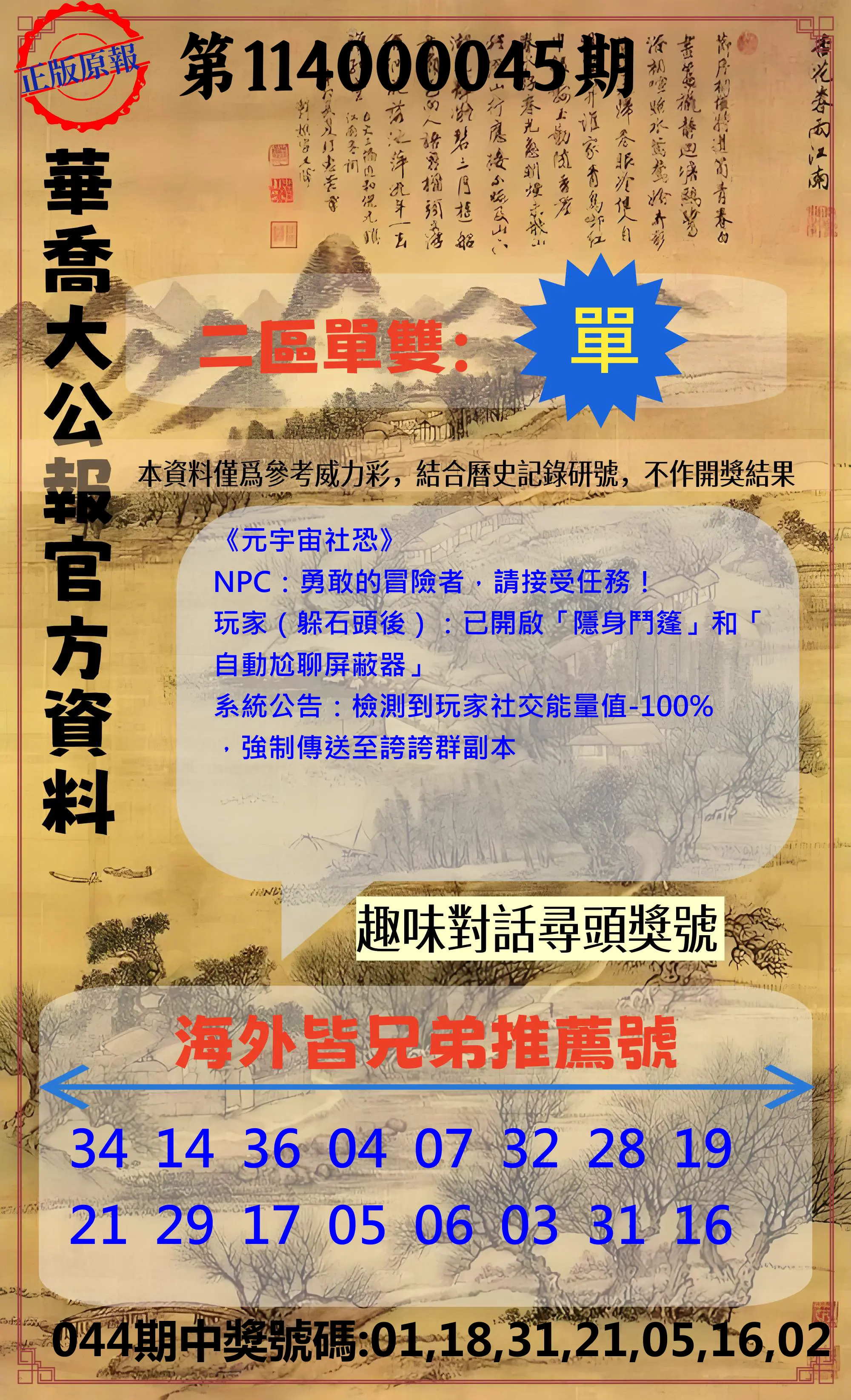 威力彩第114000045期華喬大公報官方資料