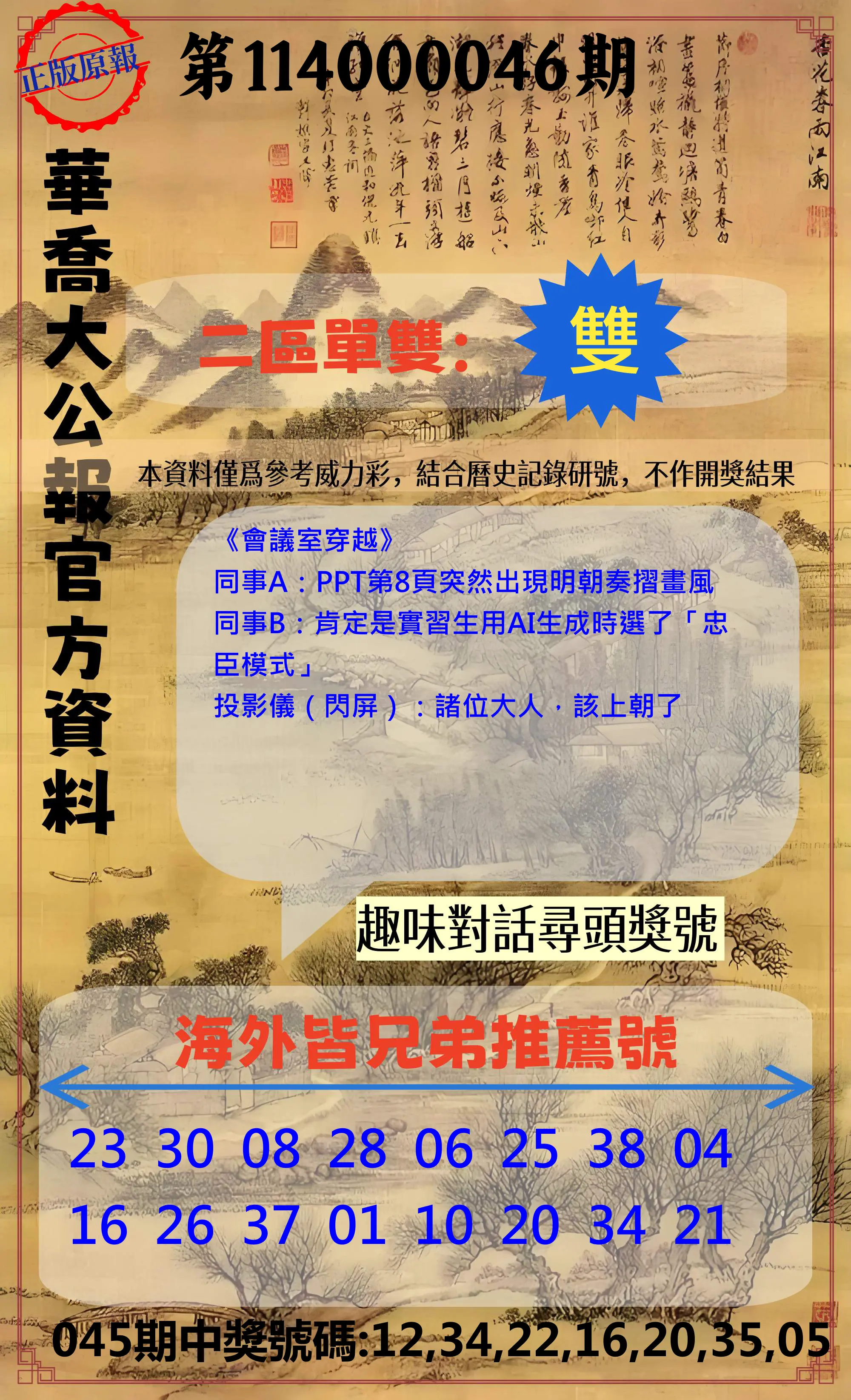 威力彩第114000046期華喬大公報官方資料