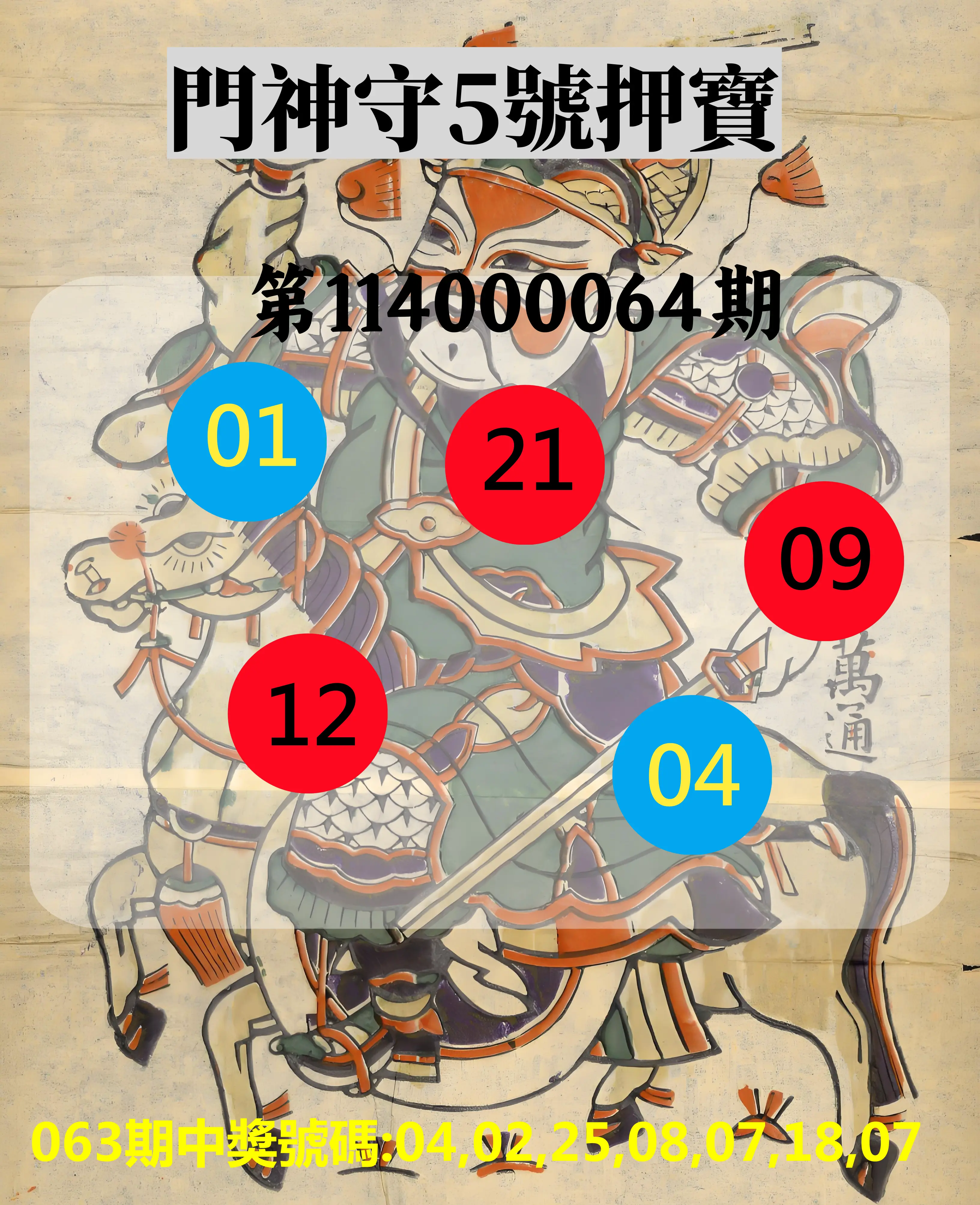 威力彩第114000064期(08/11)門神守5號押寶