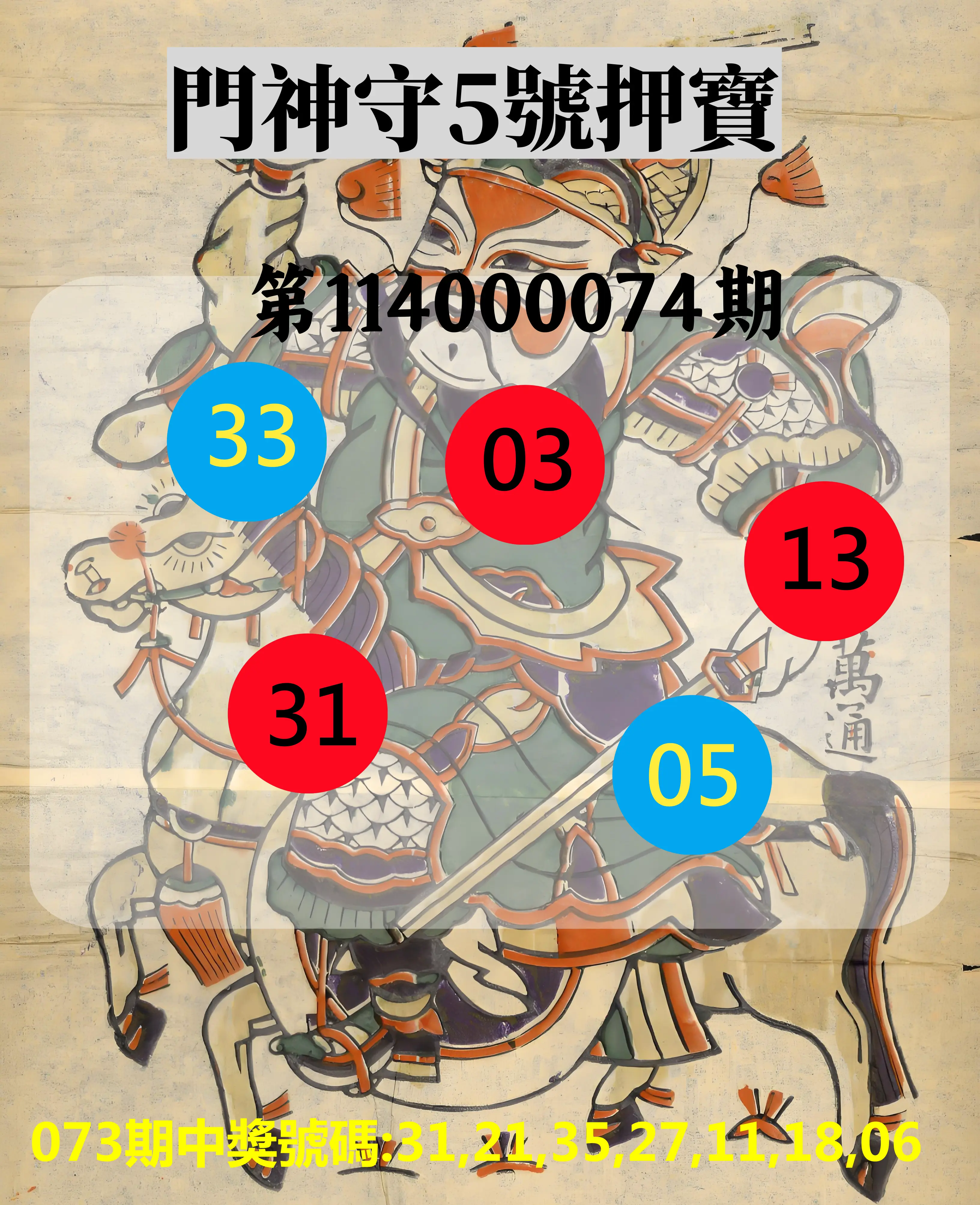 威力彩第114000074期(09/15)門神守5號押寶