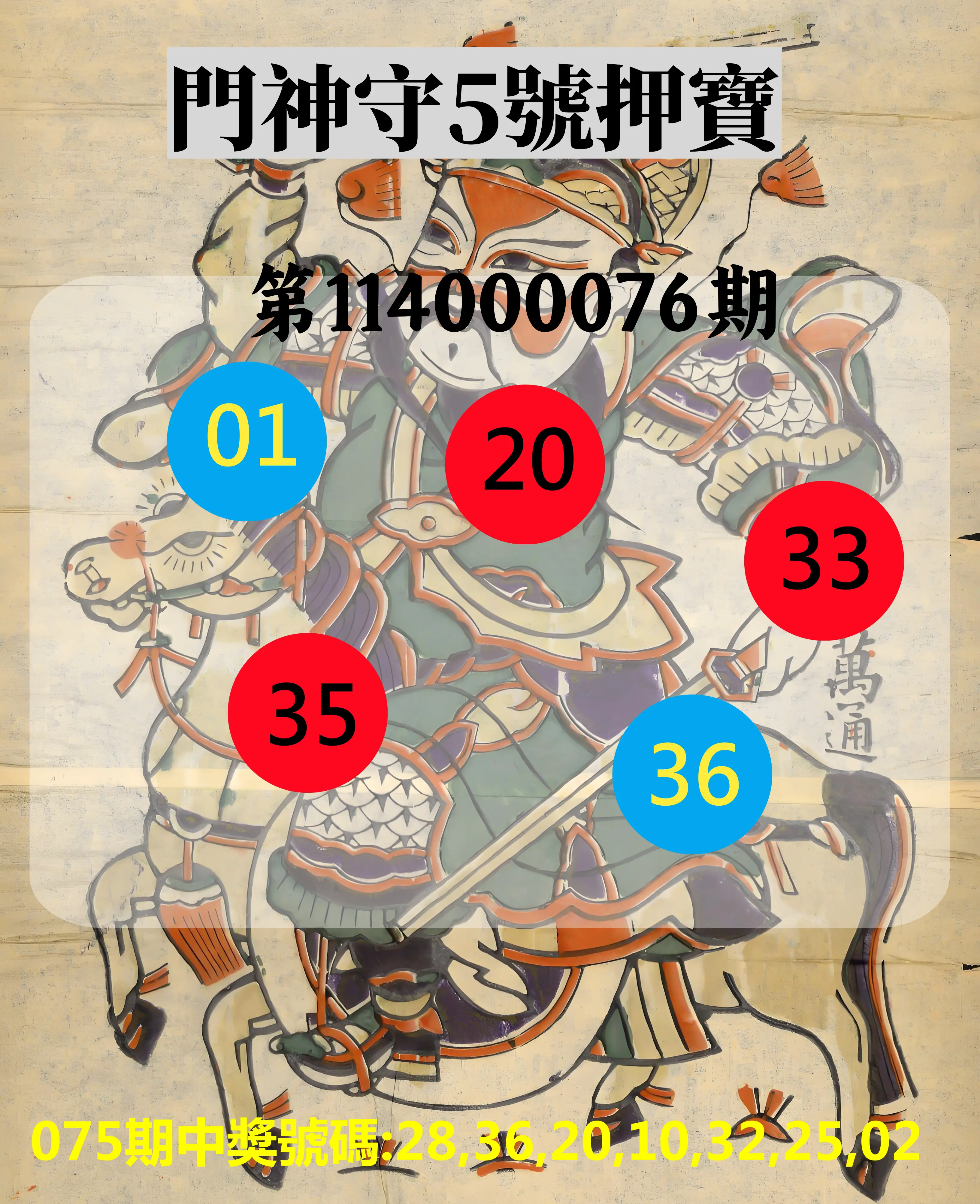 威力彩第114000076期(09/22)門神守5號押寶