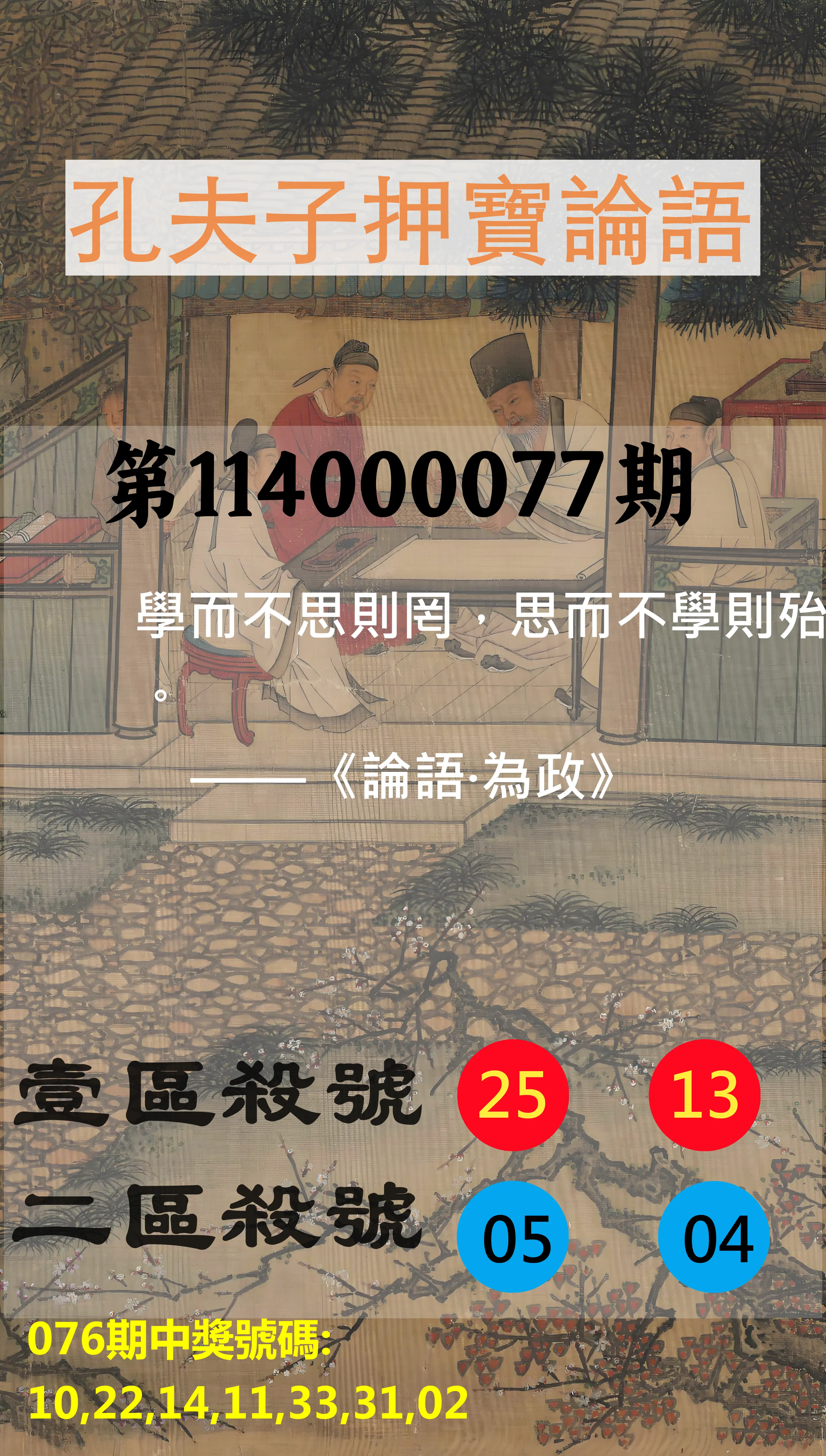 威力彩第114000077期(09/25)孔夫子押寶論語