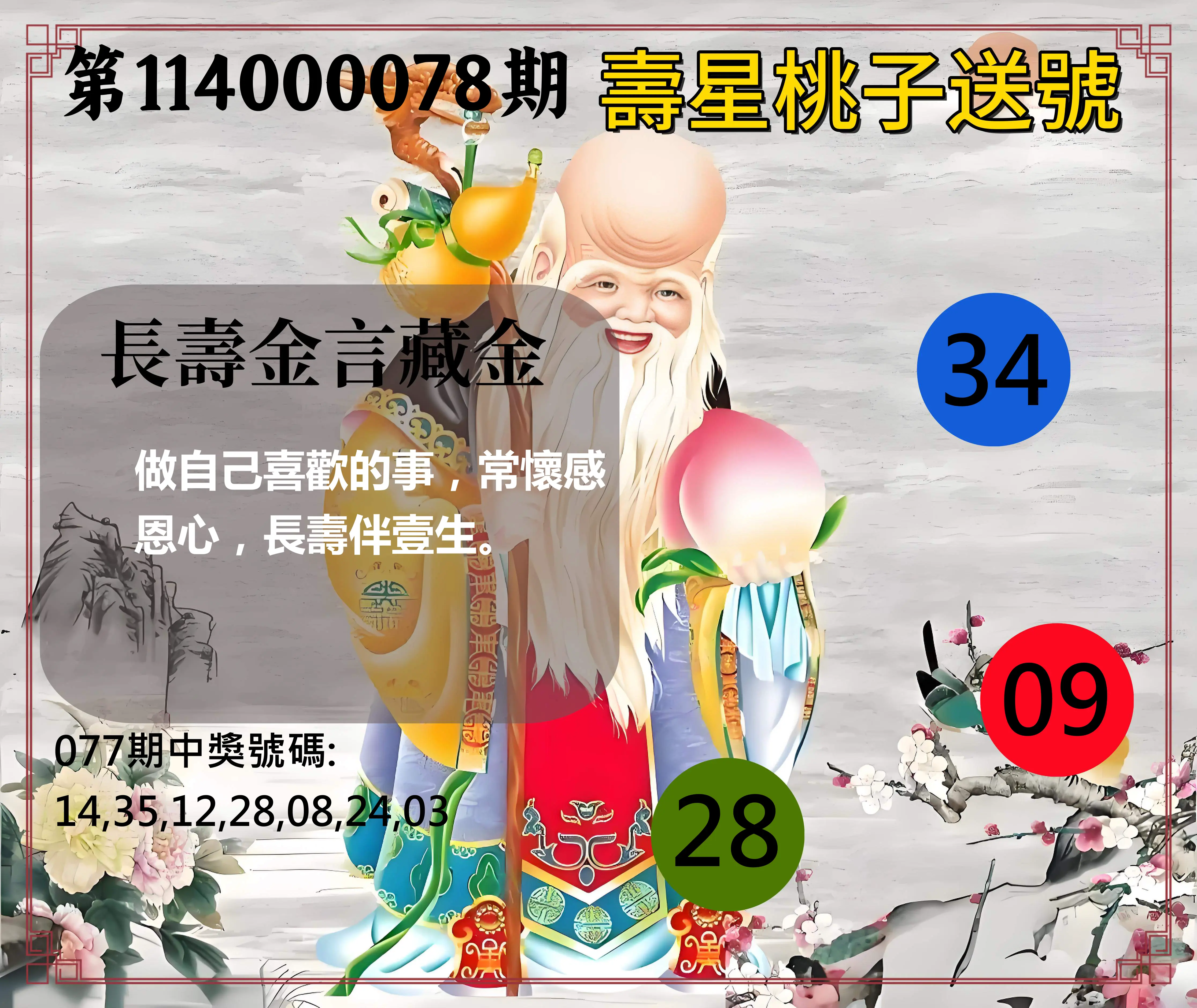 威力彩第114000078期(09/29)壽星桃子送號