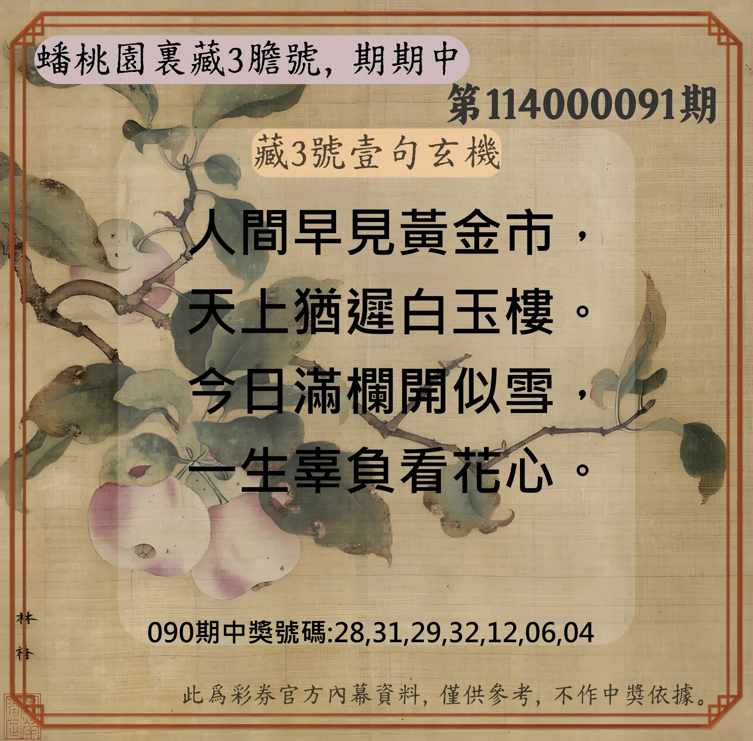 威力彩第114000091期(11/13)蟠桃園裏藏3膽號，期期中