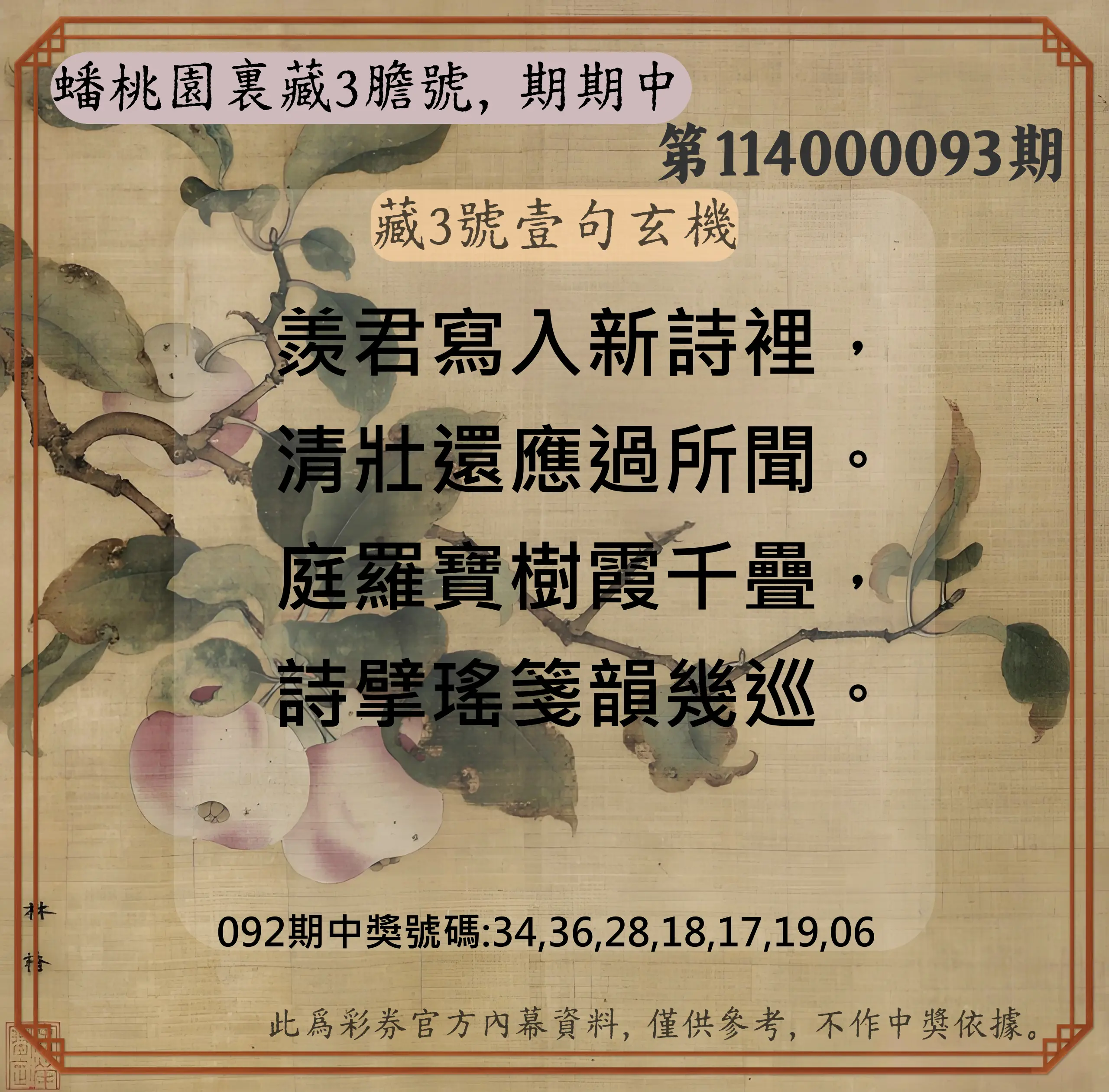 威力彩第114000093期(11/20)蟠桃園裏藏3膽號，期期中