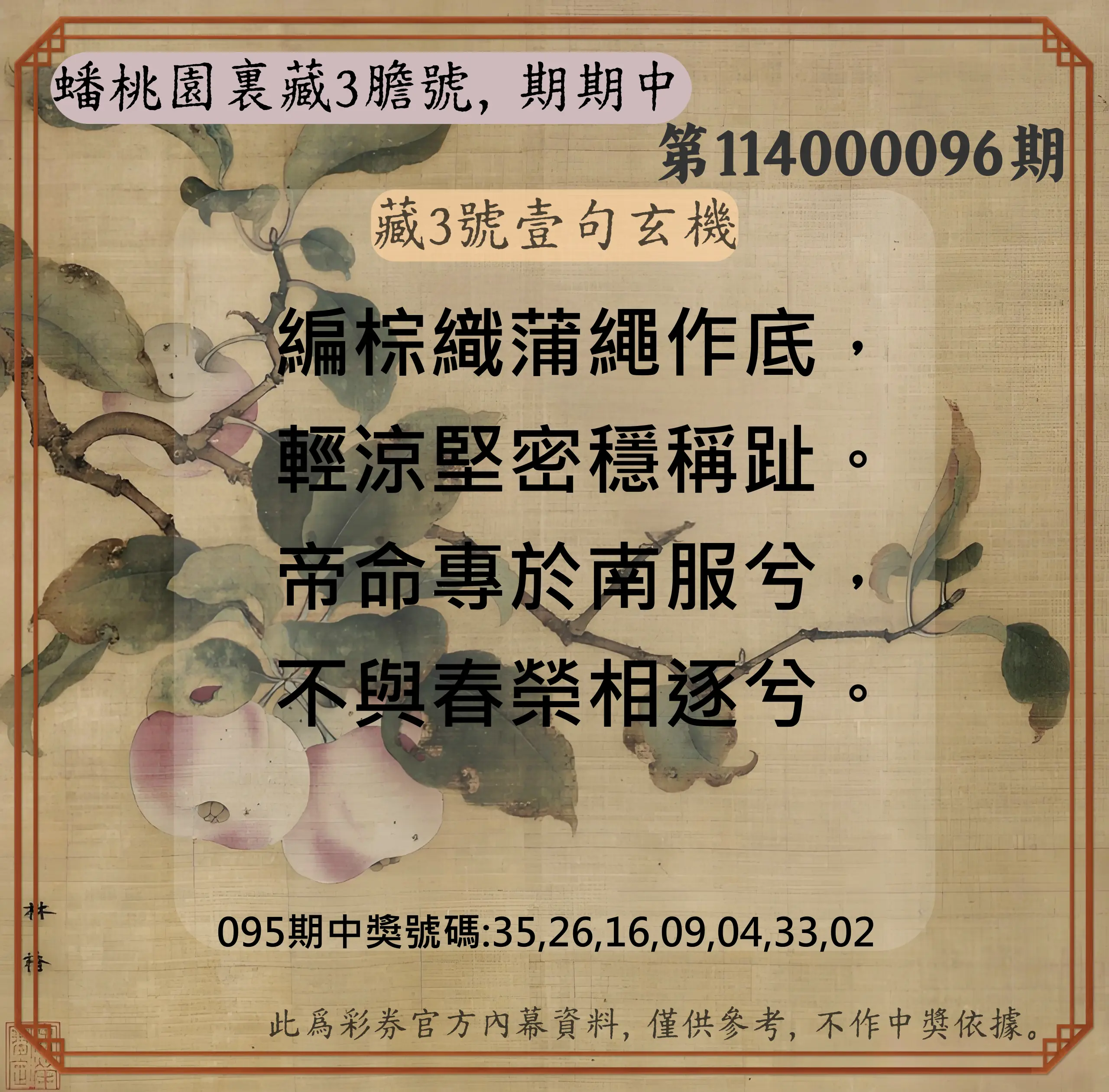 威力彩第114000096期(12/01)蟠桃園裏藏3膽號，期期中