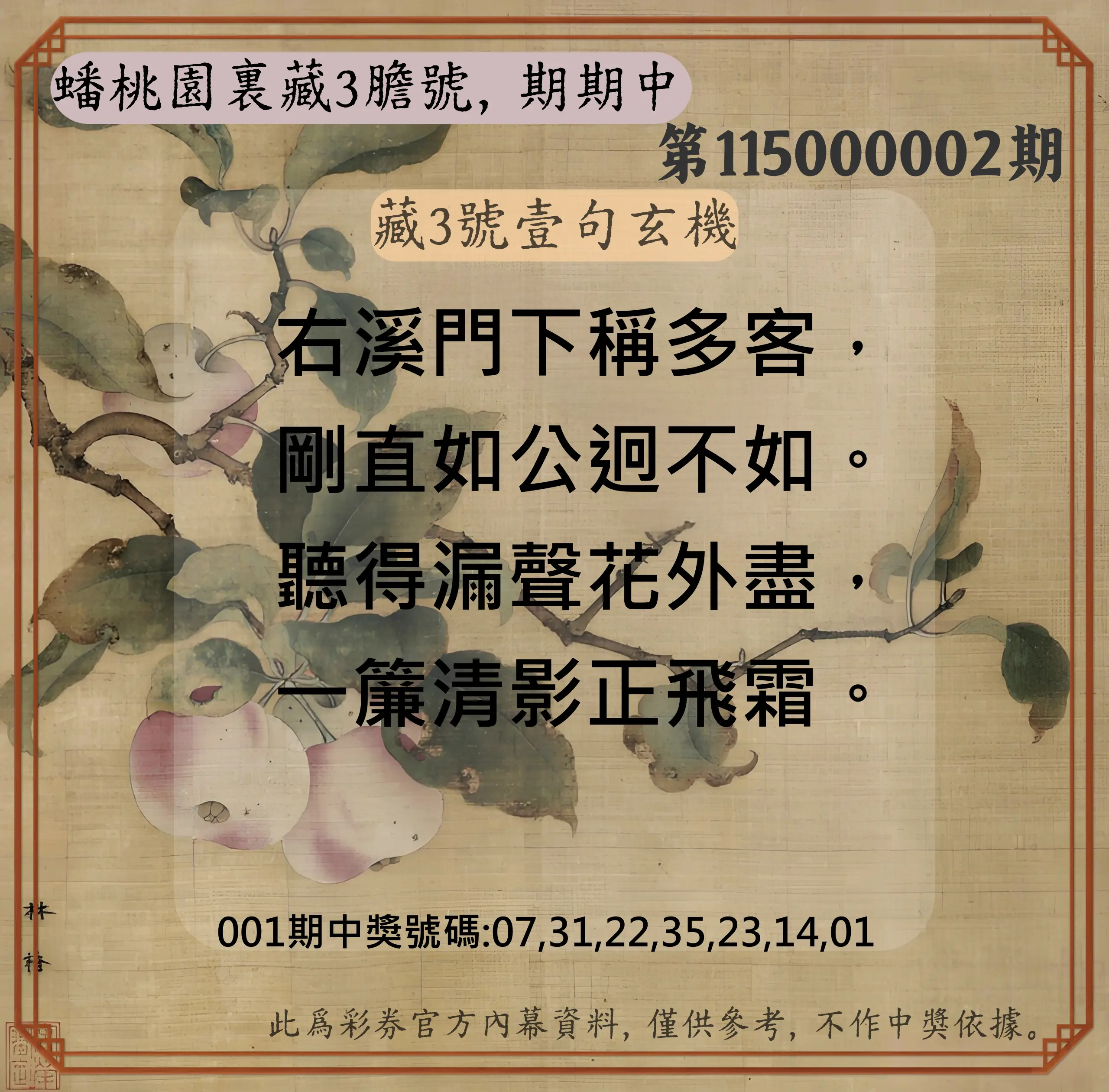 威力彩第115000002期(01/05)蟠桃園裏藏3膽號，期期中