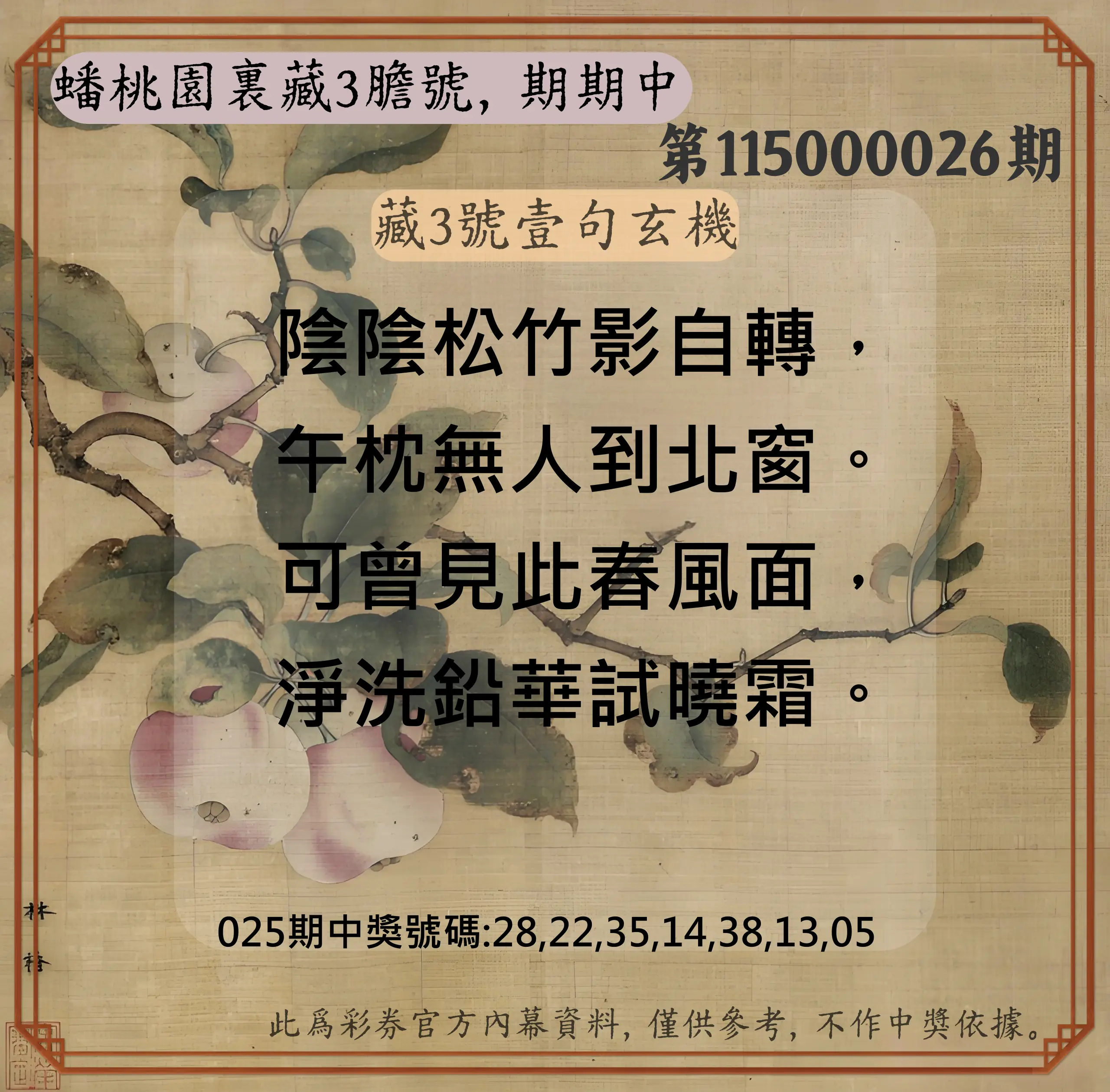 威力彩第115000026期(03/30)蟠桃園裏藏3膽號，期期中
