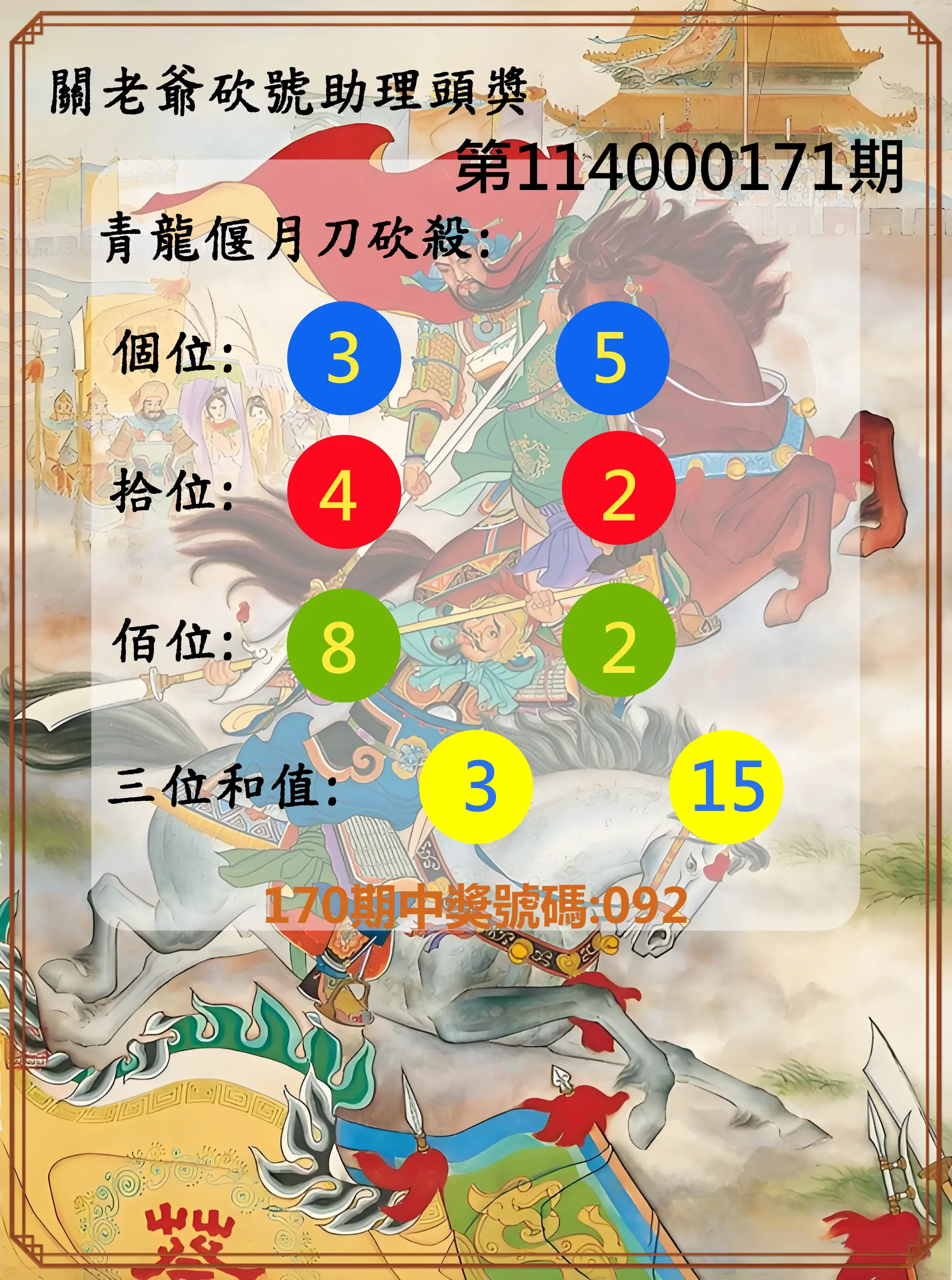 3星彩第114000171期(07/15)關老爺砍號助理頭獎