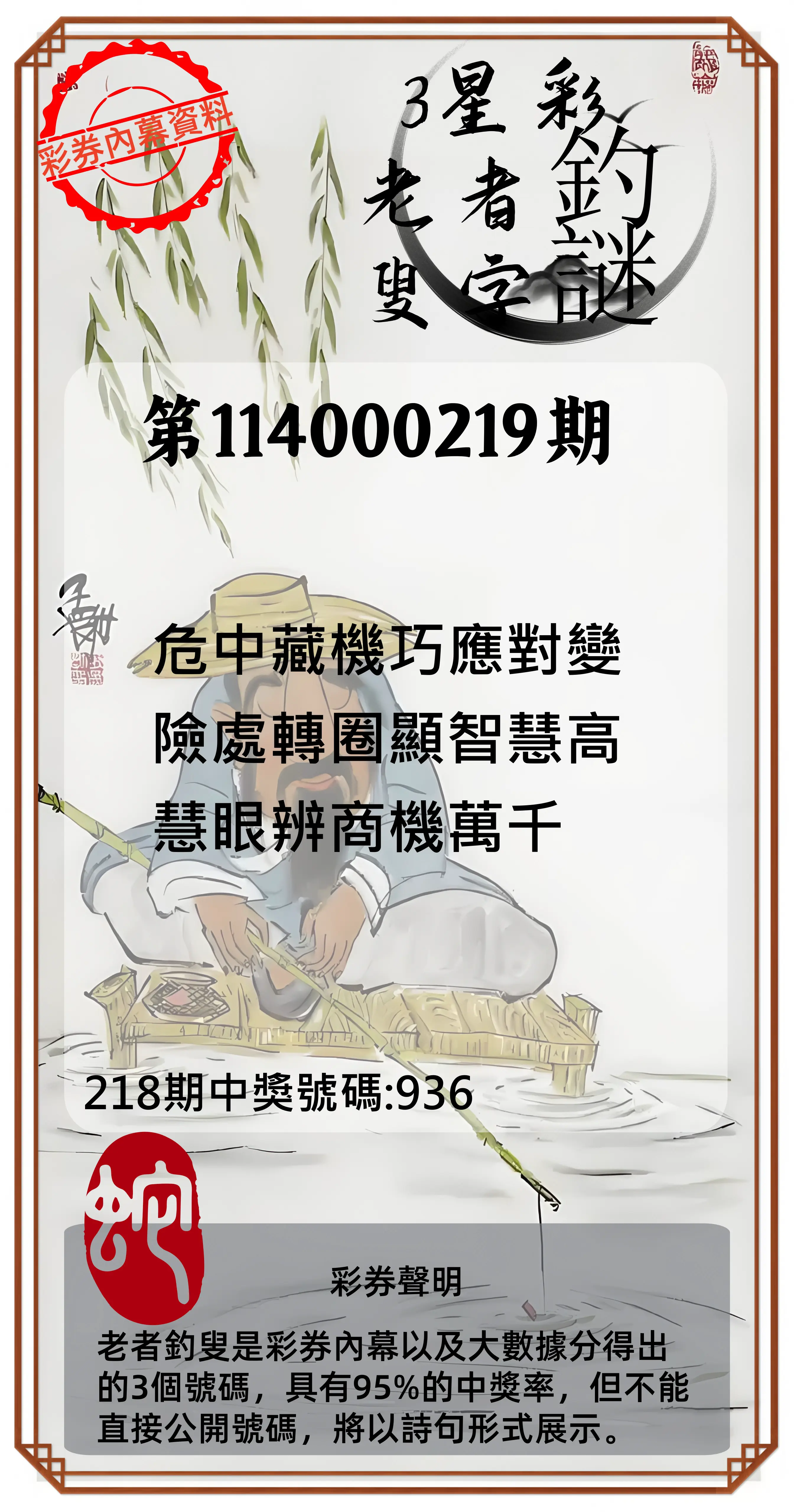 3星彩第114000219期(09/09)老者釣叟頭獎