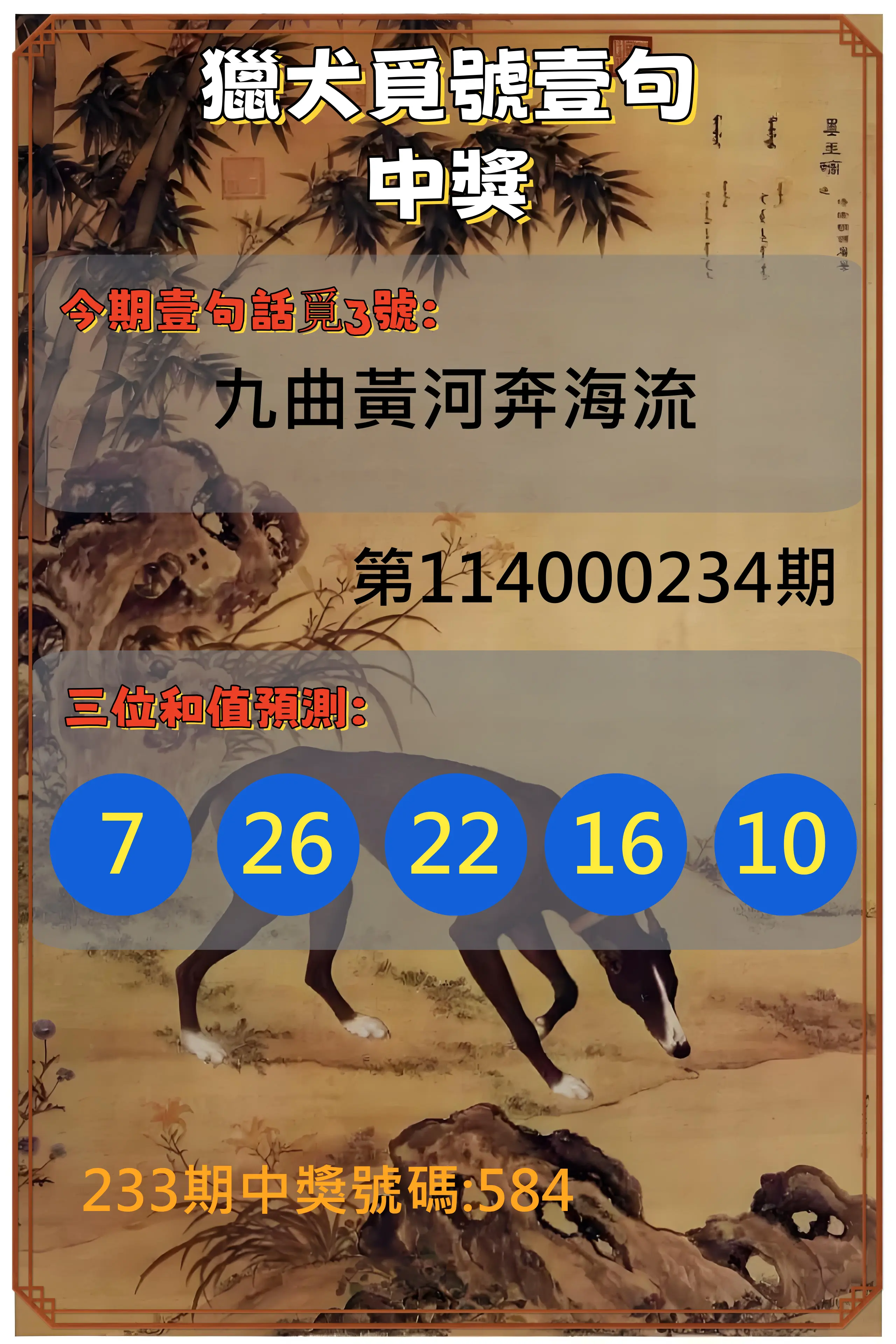 3星彩第114000234期(09/26)獵犬覓號壹句中獎