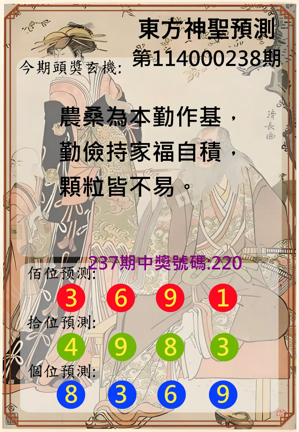 3星彩第114000238期(10/01)東方神聖預測