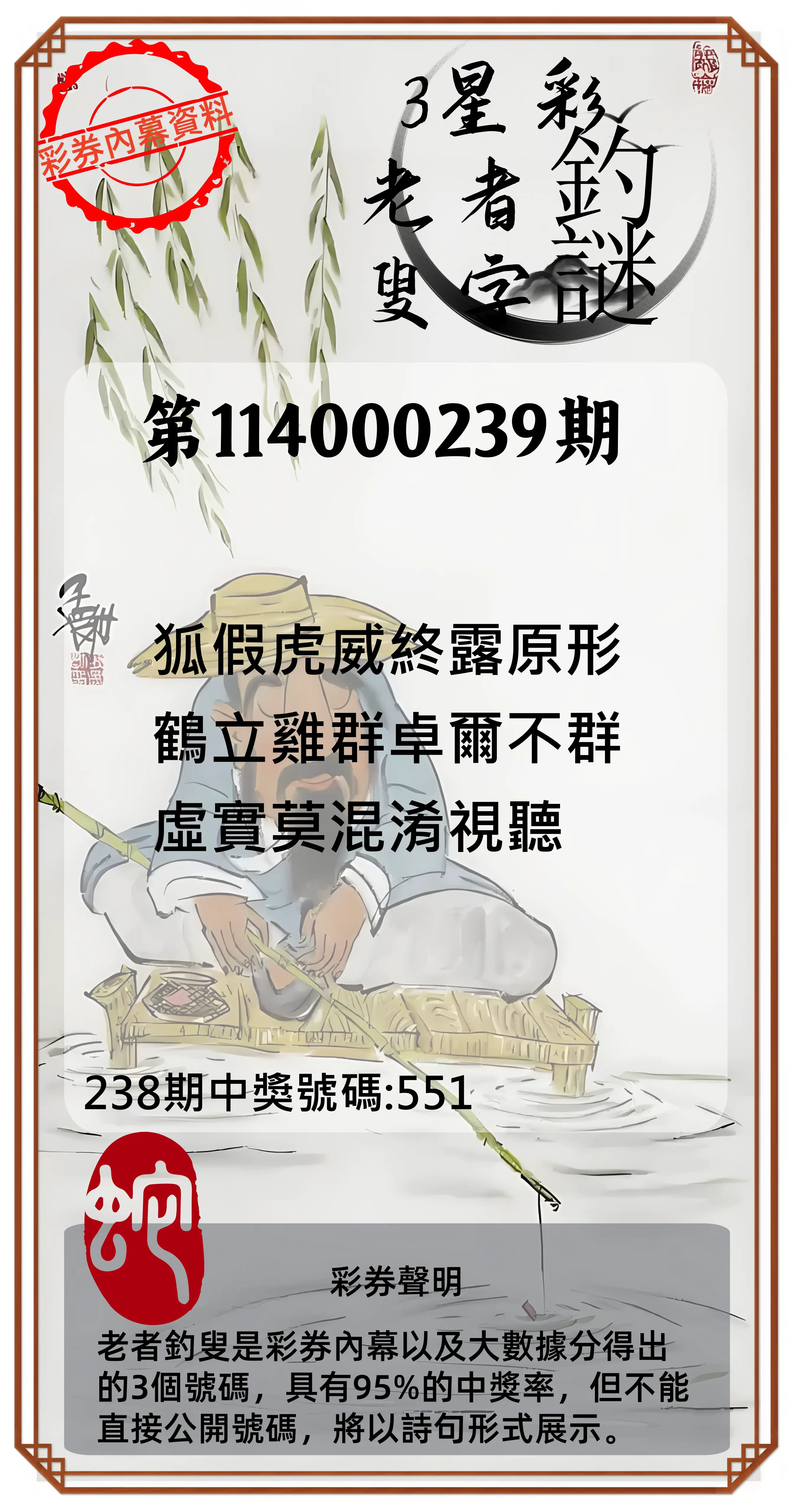 3星彩第114000239期(10/02)老者釣叟頭獎