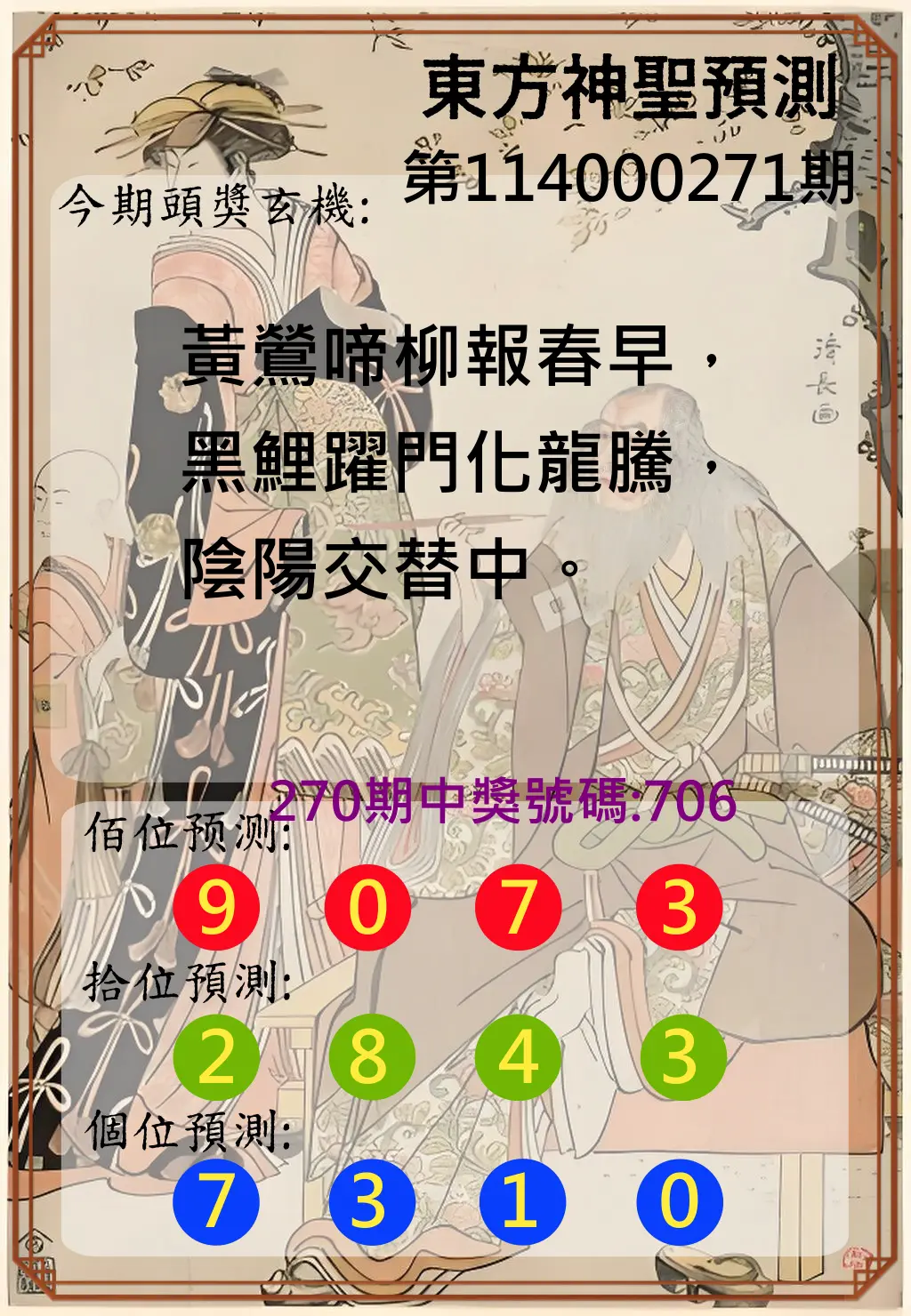 3星彩第114000271期(11/08)東方神聖預測