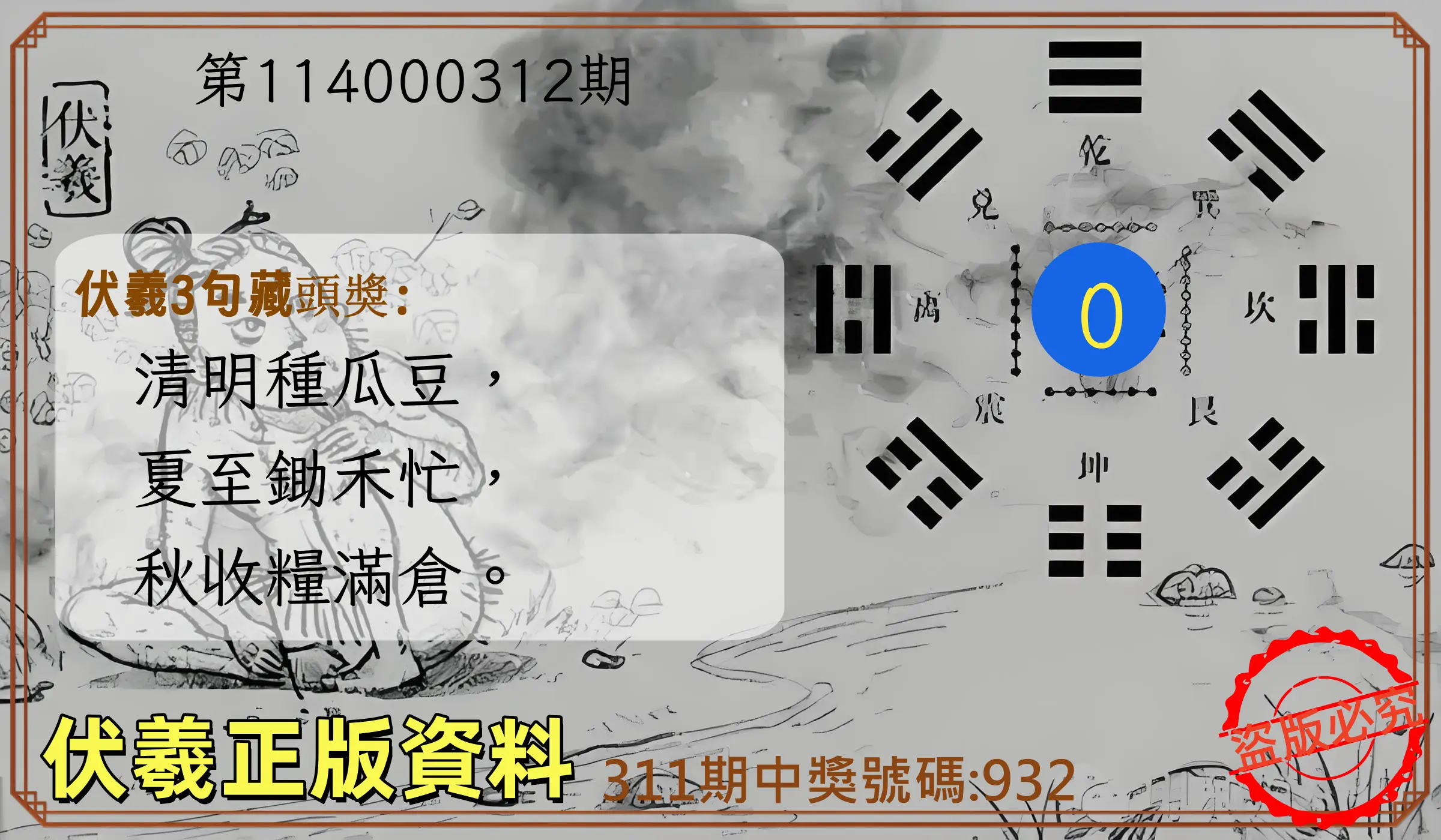 3星彩第114000312期(12/26)伏羲正版資料