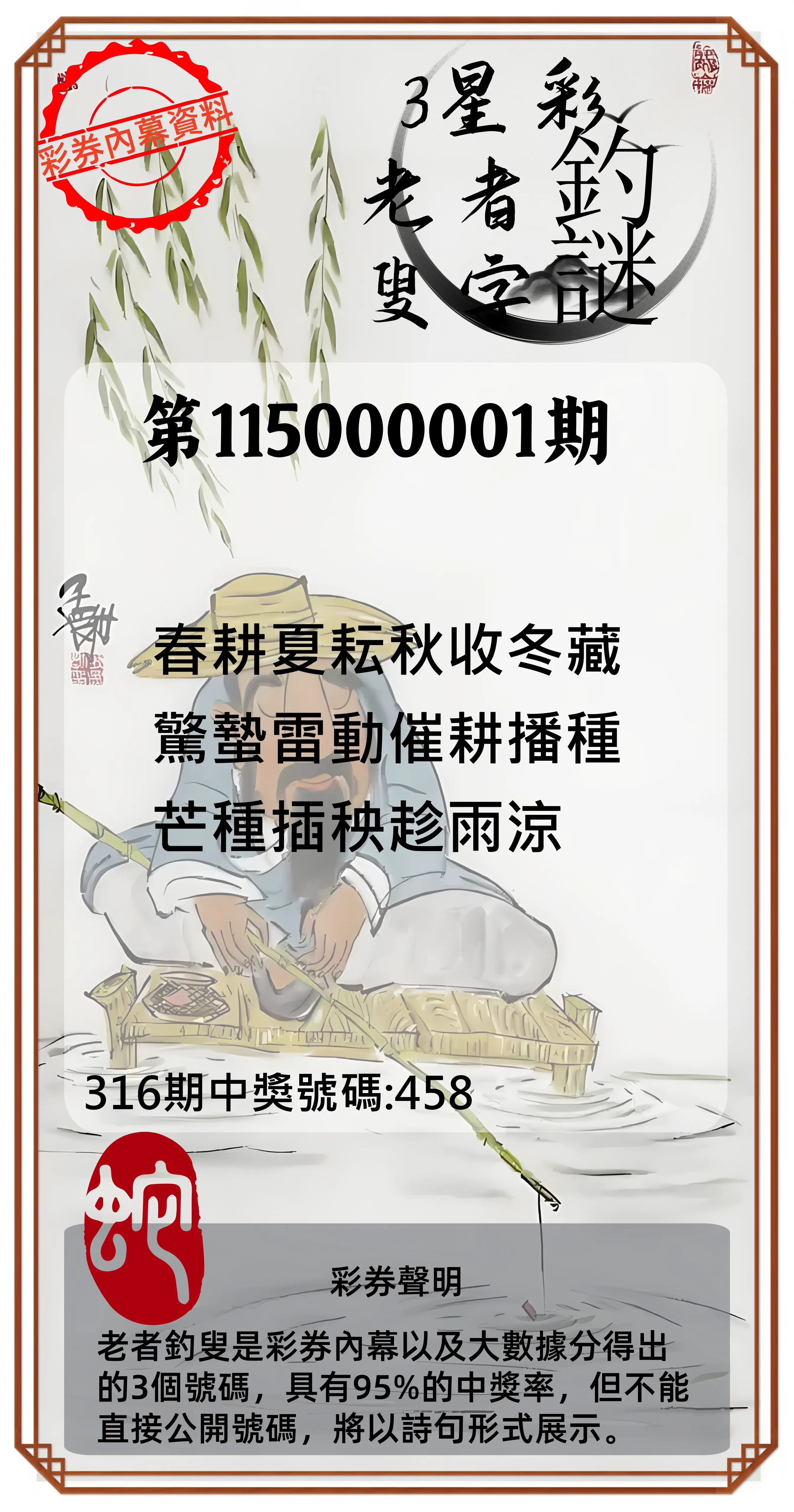 3星彩第115000001期(01/01)老者釣叟頭獎