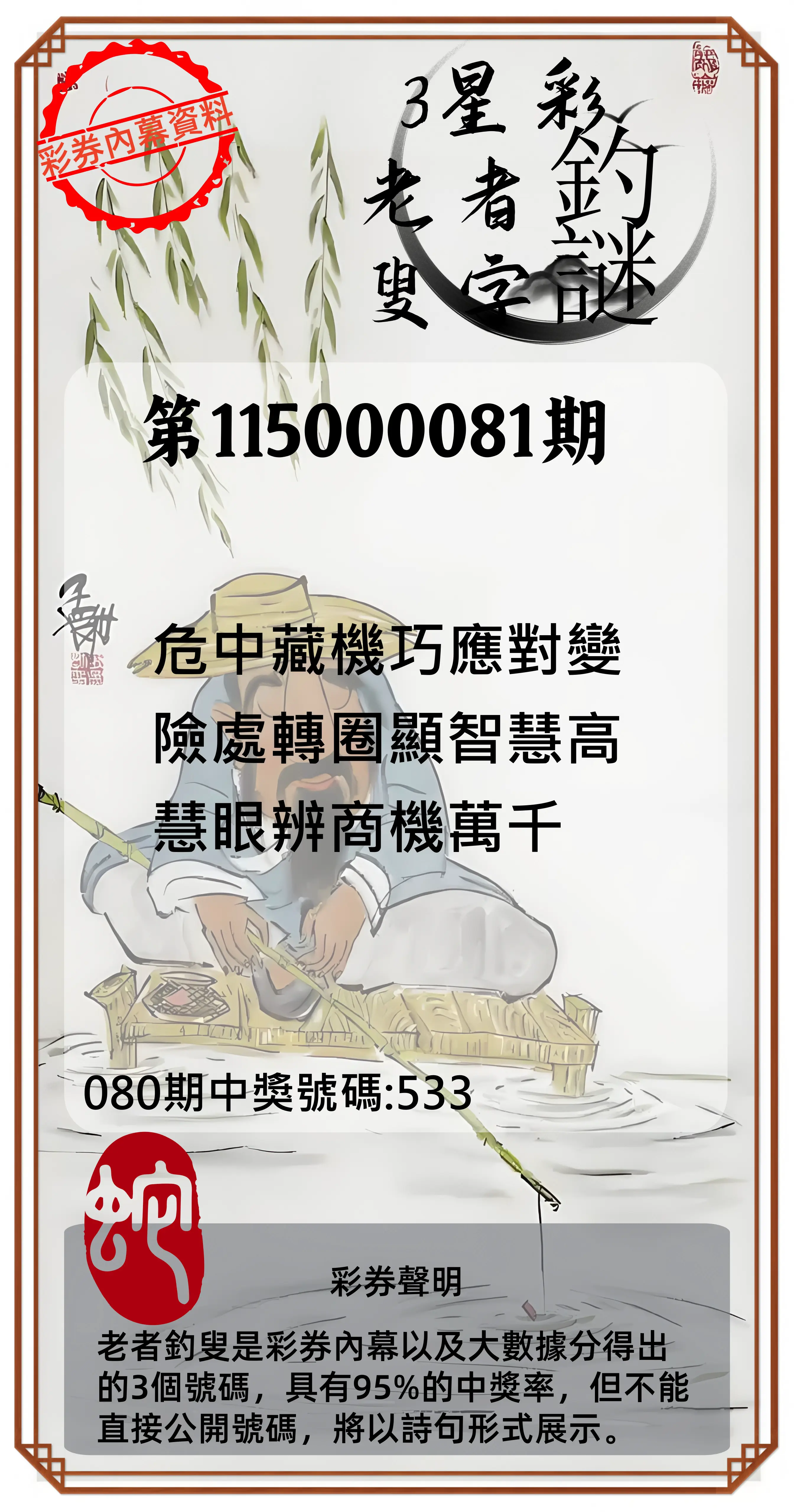 3星彩第115000081期(04/01)老者釣叟頭獎