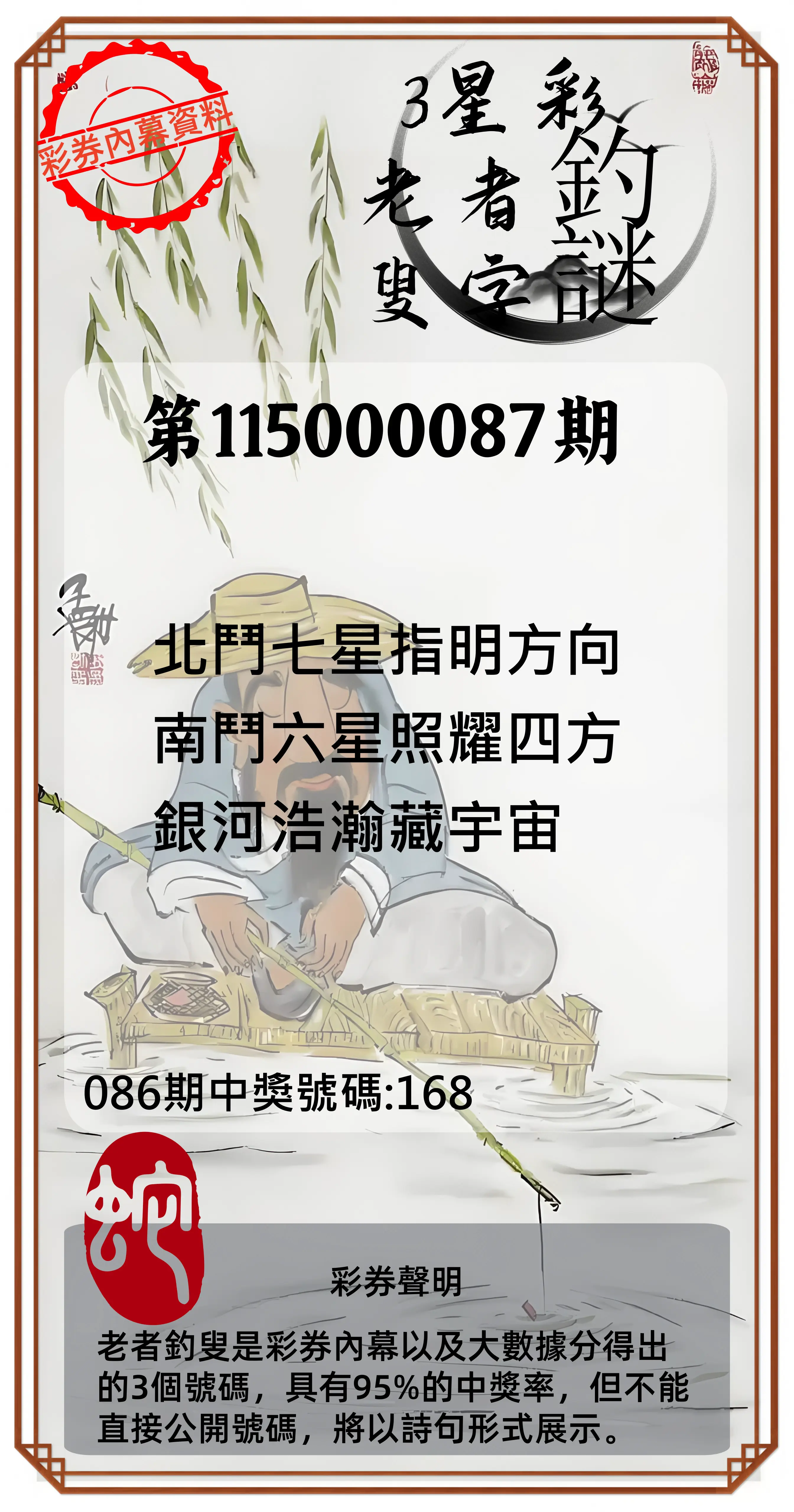 3星彩第115000087期(04/08)老者釣叟頭獎