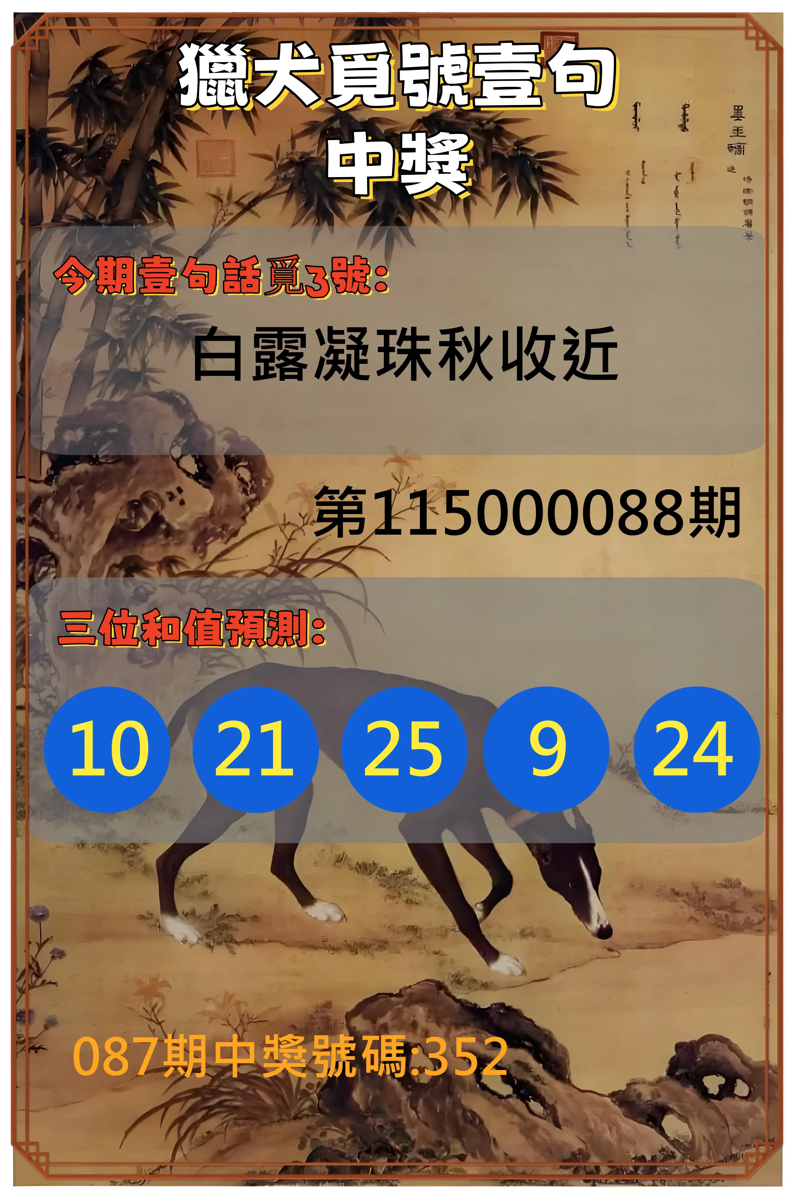 3星彩第115000088期(04/09)獵犬覓號壹句中獎