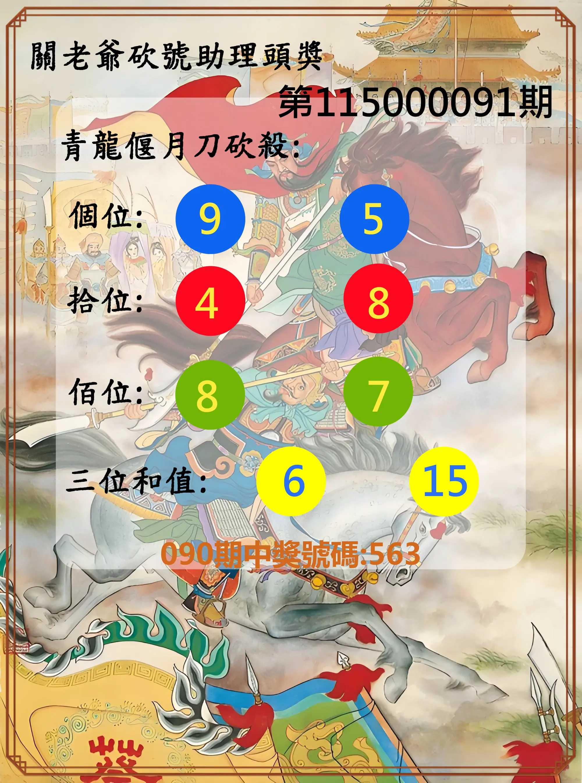 3星彩第115000091期(04/13)關老爺砍號助理頭獎