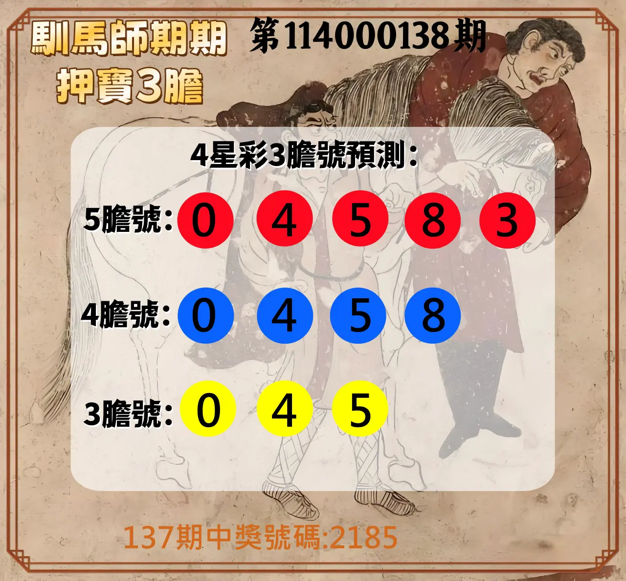 4星彩第114000138期馴馬師期期押寶3膽