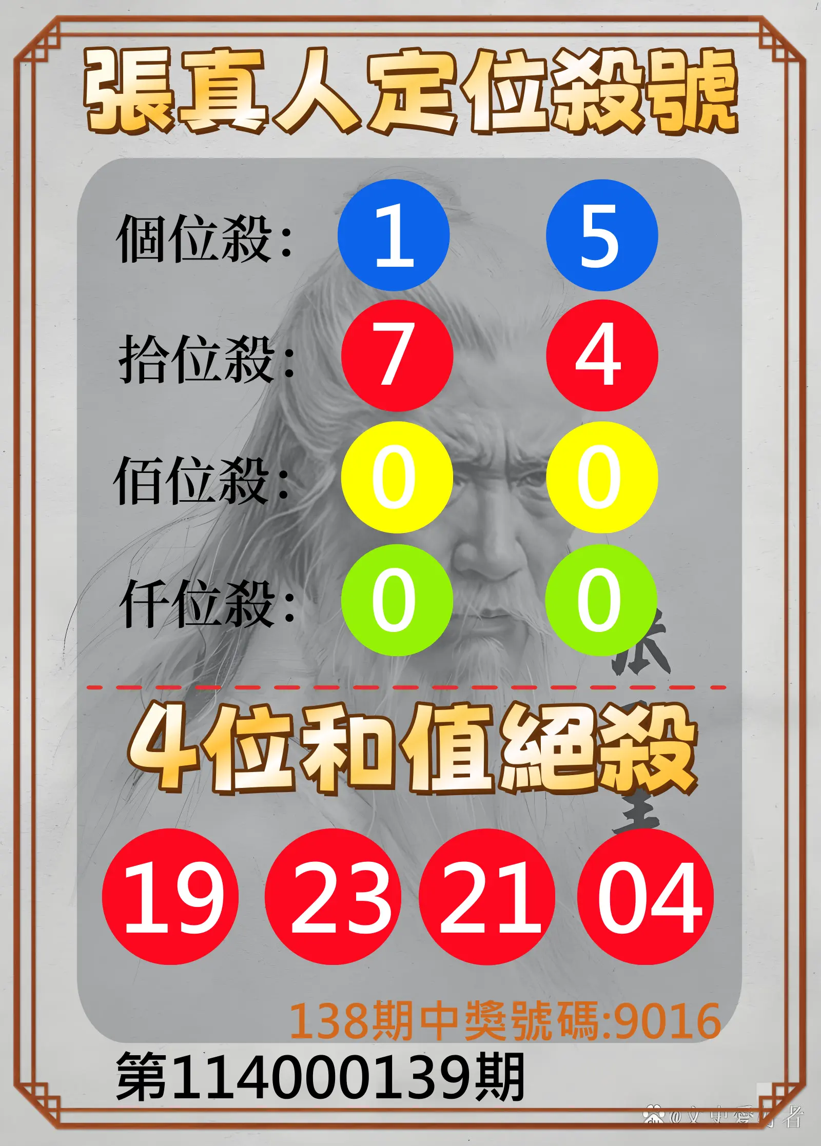 4星彩第114000139期張真人定位殺號