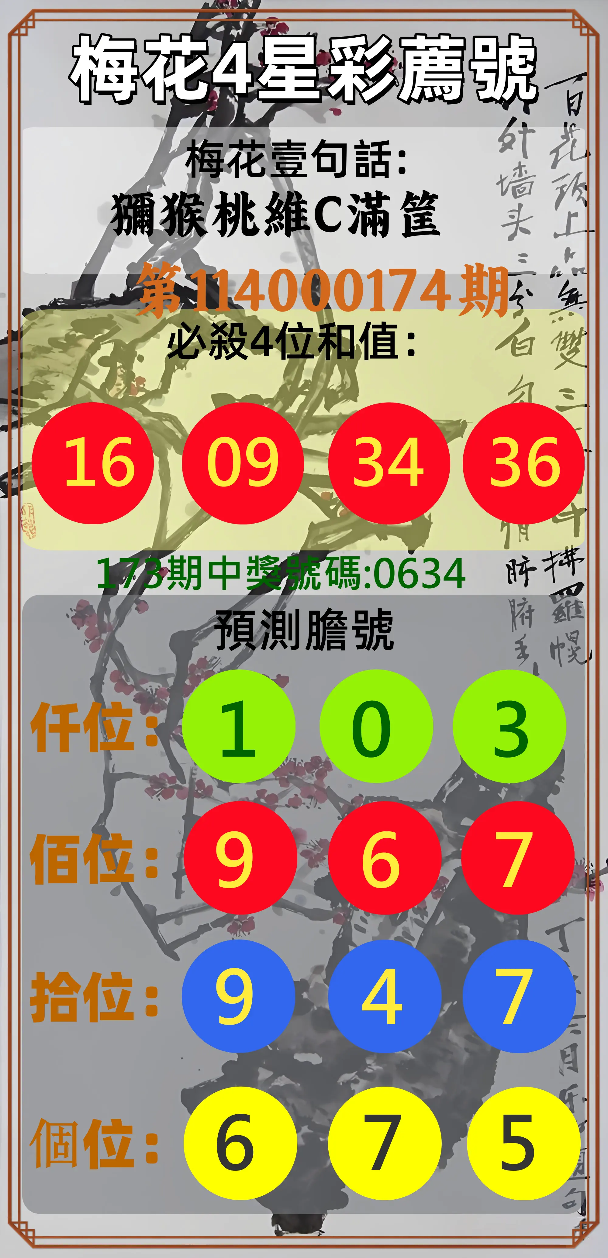 4星彩第114000174期(07/18)梅花4星彩薦號