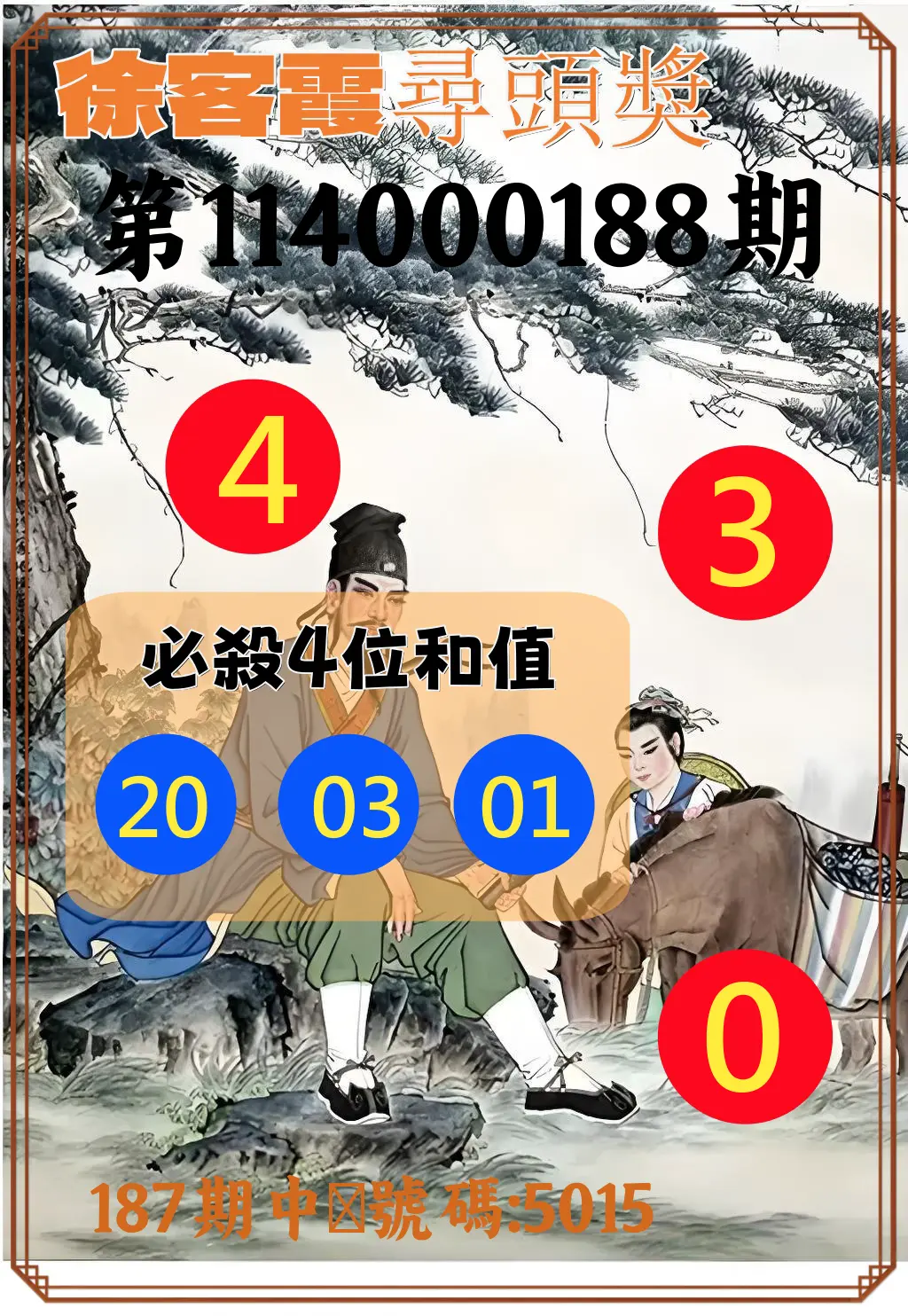 4星彩第114000188期(08/04)徐客霞尋頭獎