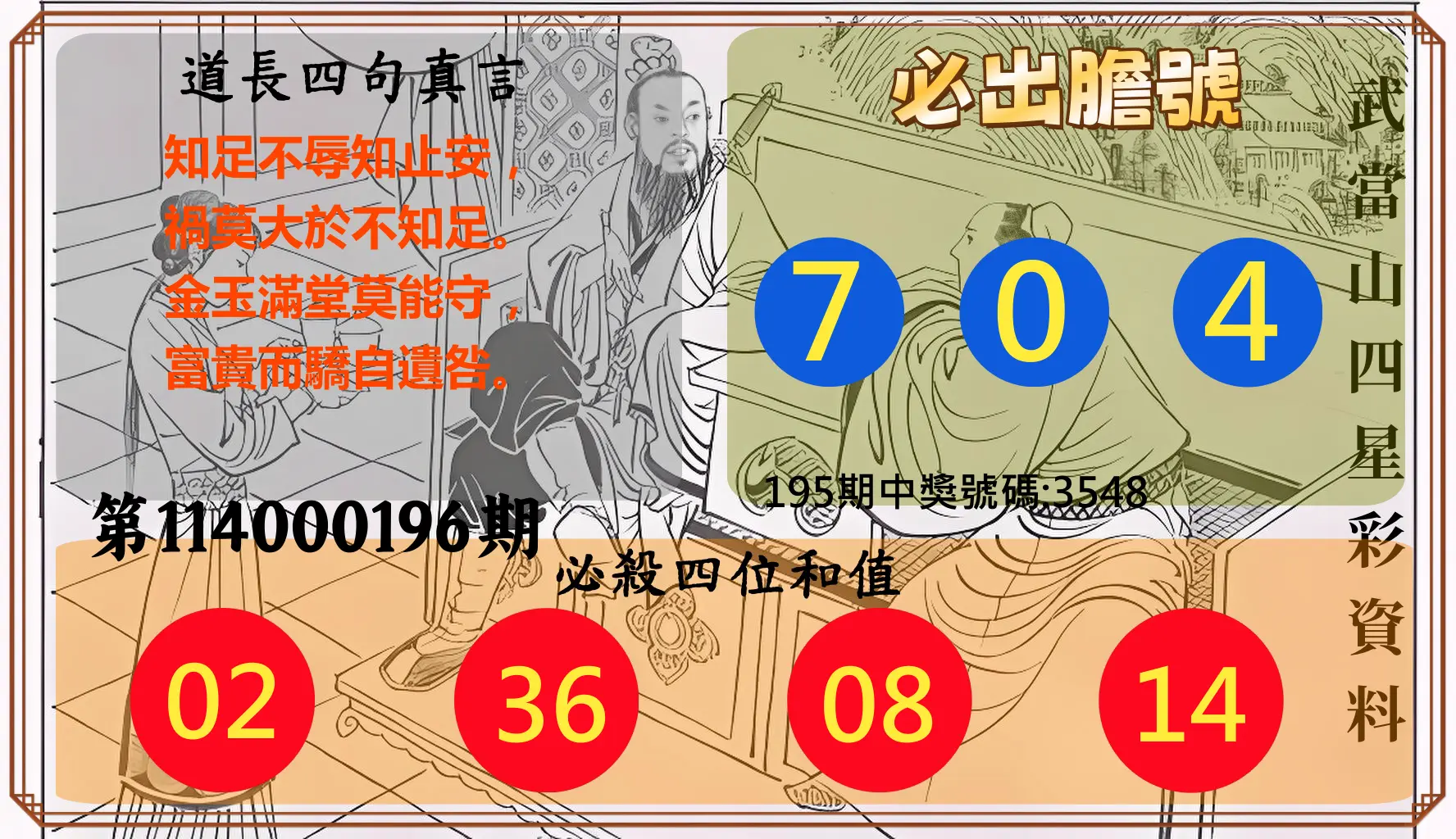 4星彩第114000196期(08/13)武當山四星彩資料