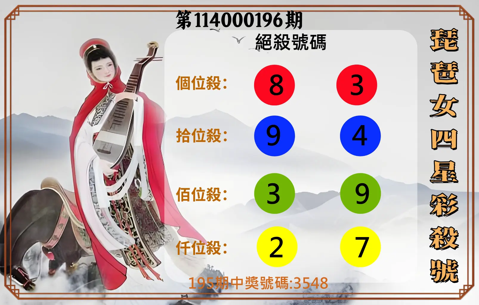 4星彩第114000196期(08/13)琵琶女四星彩殺號