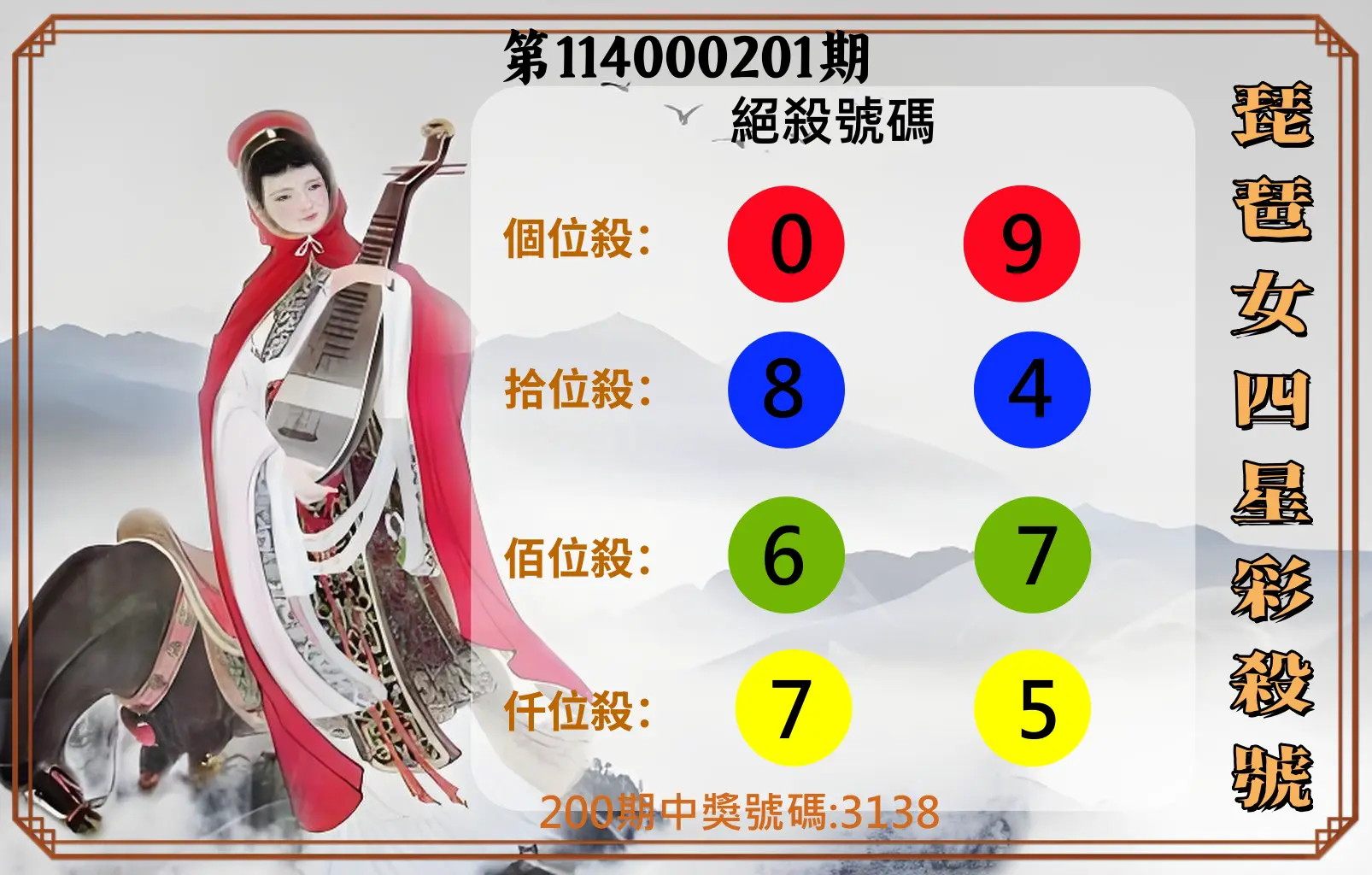 4星彩第114000201期(08/19)琵琶女四星彩殺號
