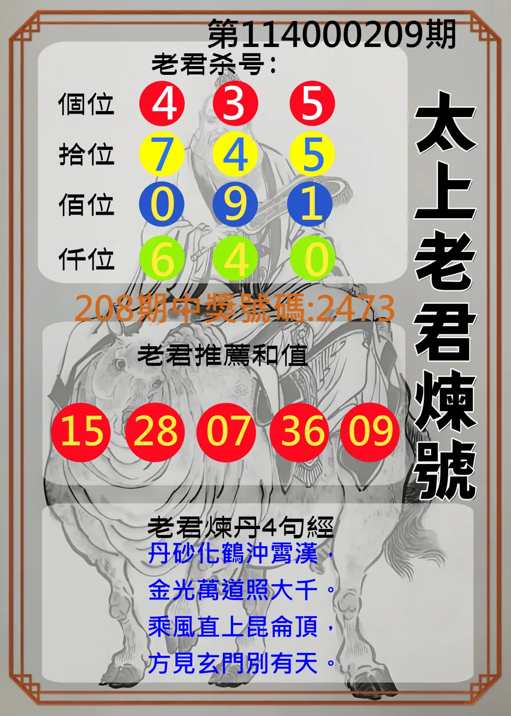 4星彩第114000209期(08/28)太上老君煉號