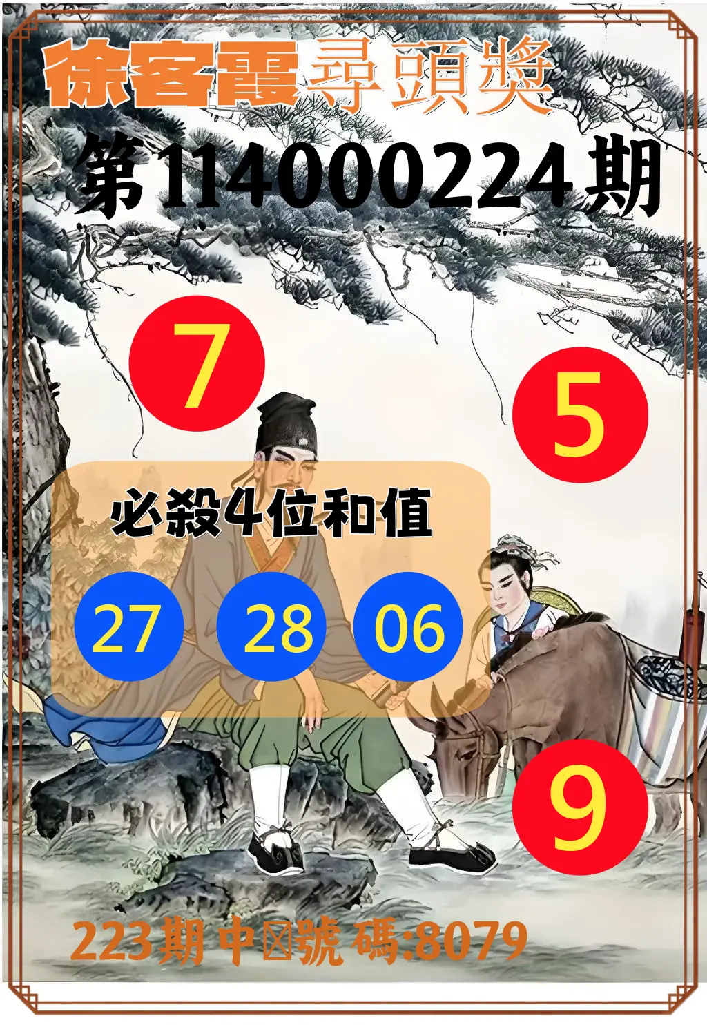 4星彩第114000224期(09/15)徐客霞尋頭獎