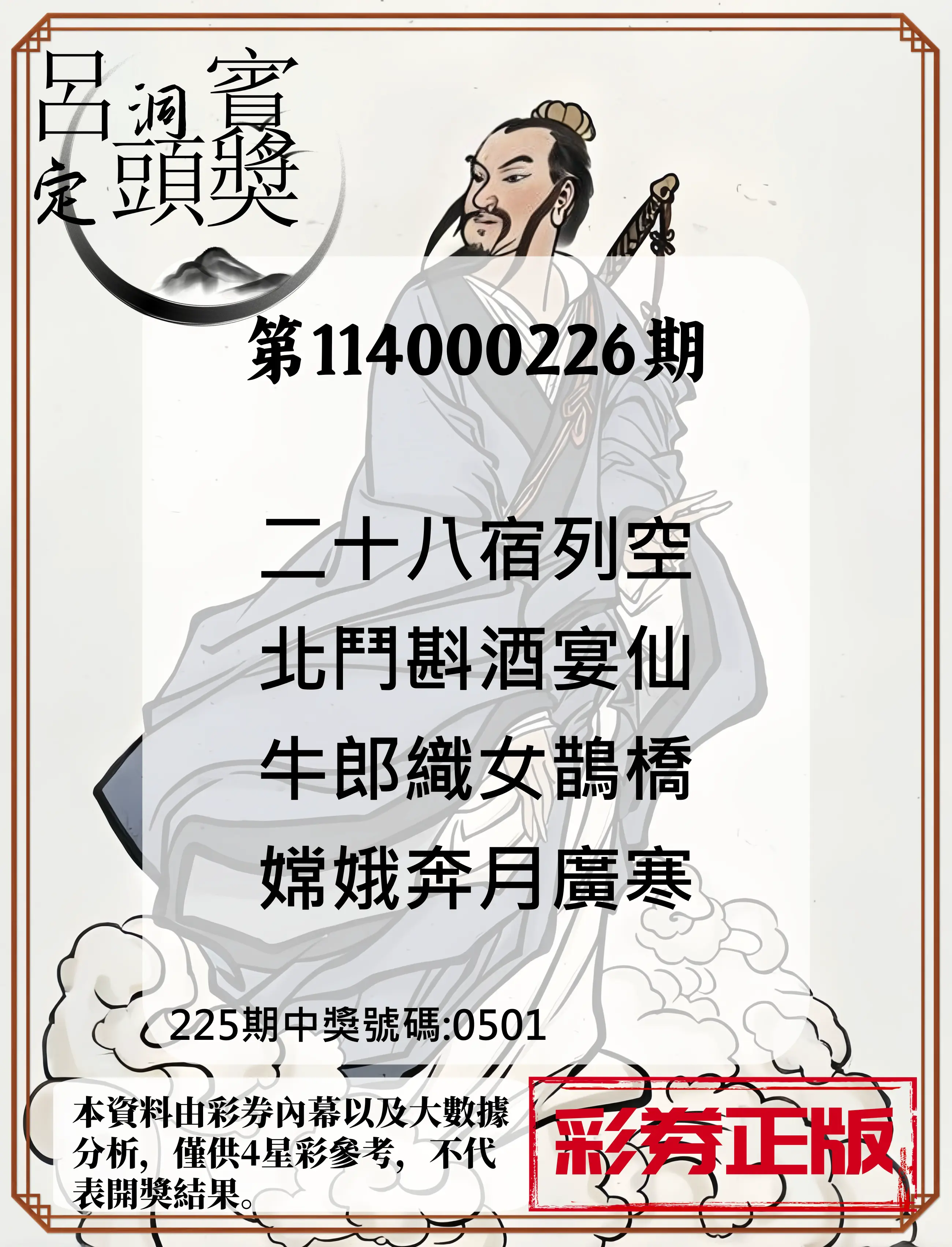 4星彩第114000226期(09/17)呂洞賓4句定頭獎