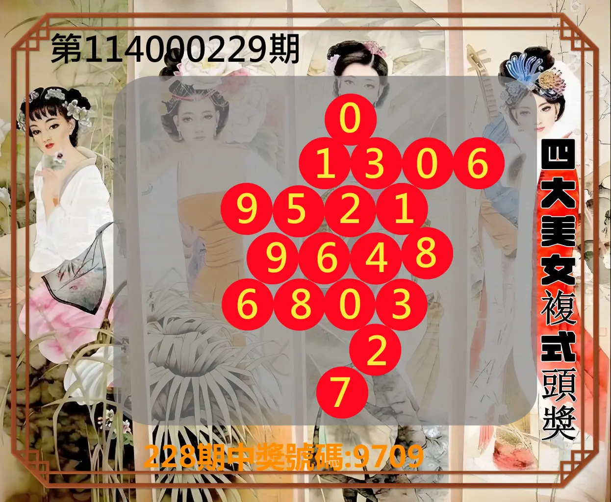 4星彩第114000229期(09/20)四大美女複式頭獎