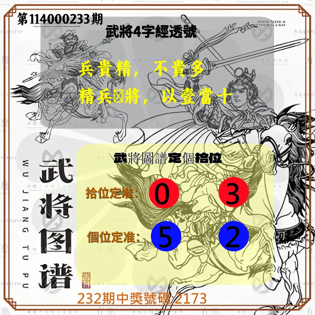 4星彩第114000233期(09/25)武將圖譜